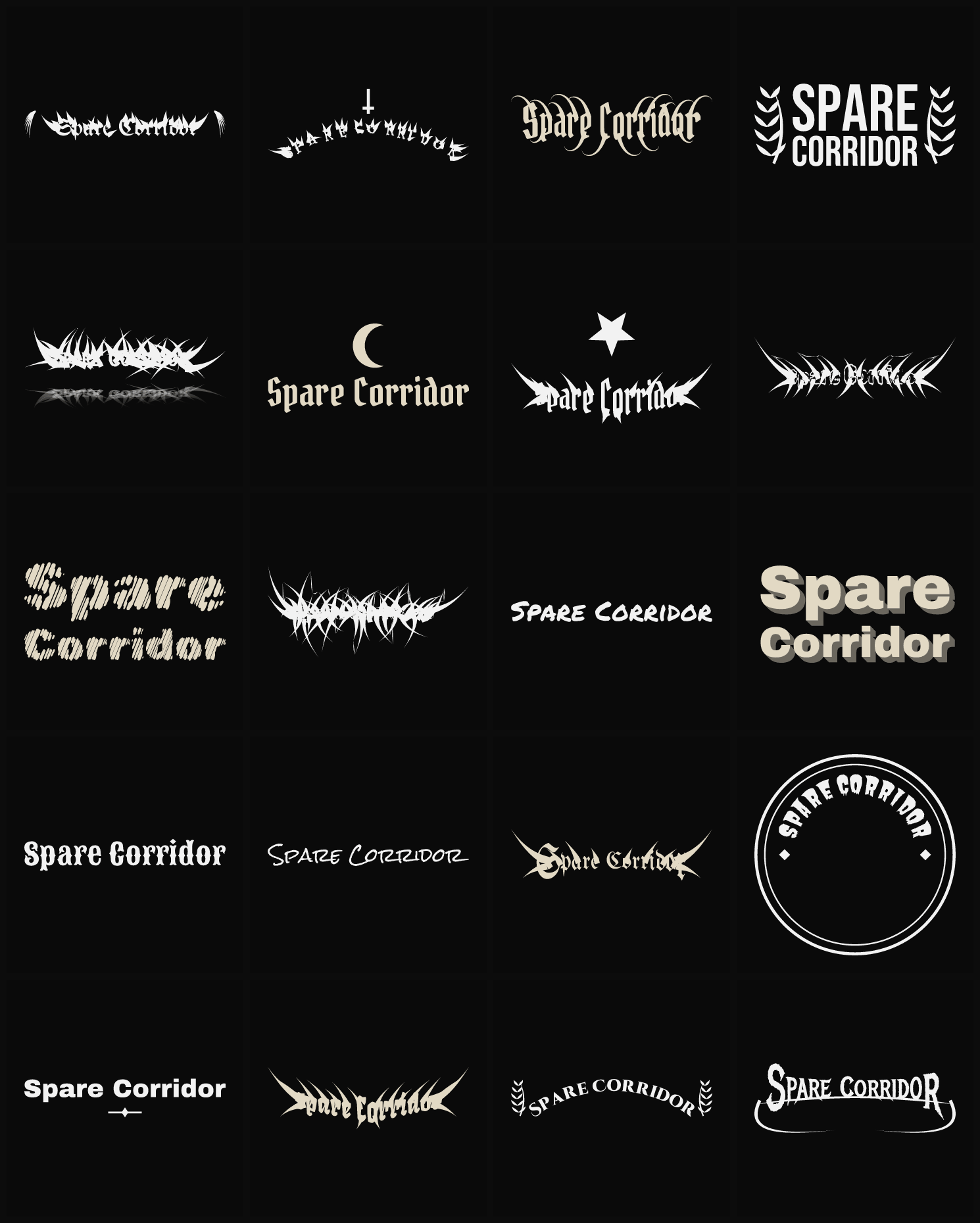Twenty Spare Corridor band logo ideas — different faces, treatments and spike settings