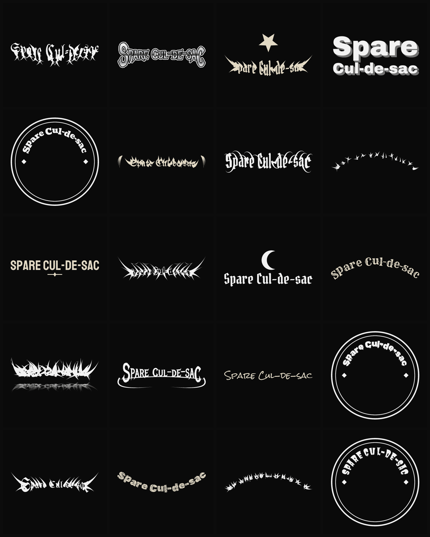 Twenty Spare Cul-de-sac band logo ideas — different faces, treatments and spike settings