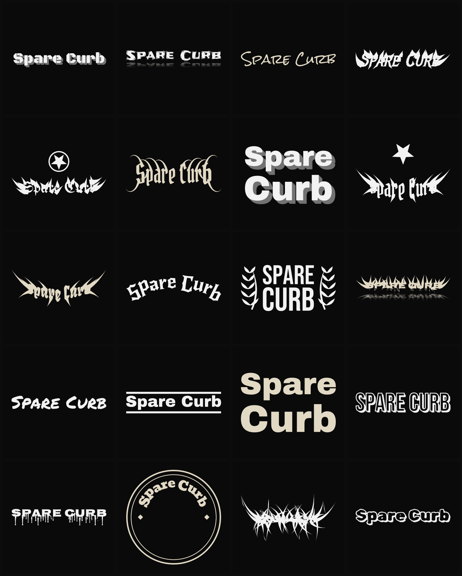 Twenty Spare Curb band logo ideas — different faces, treatments and spike settings
