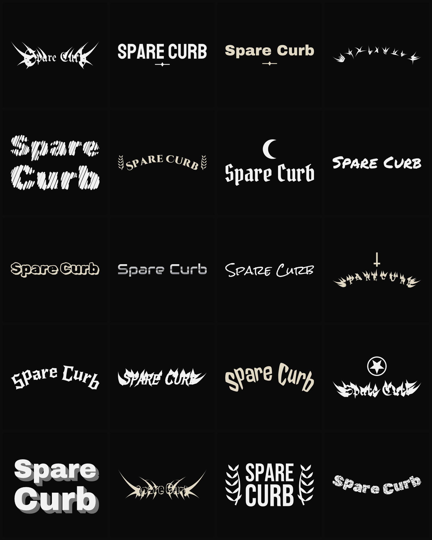 Twenty Spare Curb band logo ideas — different faces, treatments and spike settings