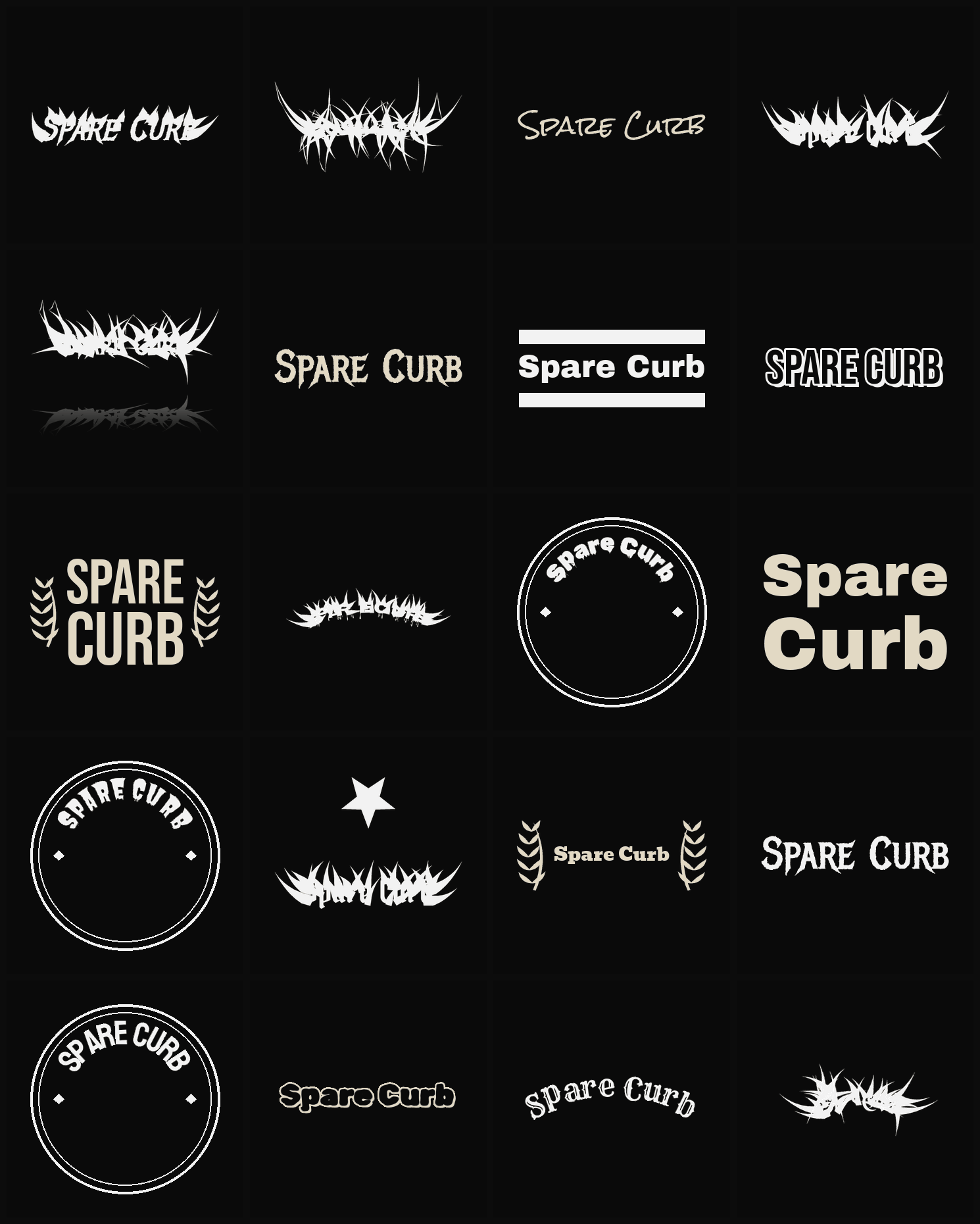 Twenty Spare Curb band logo ideas — different faces, treatments and spike settings