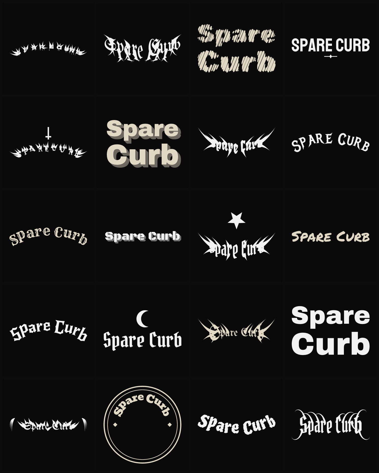 Twenty Spare Curb band logo ideas — different faces, treatments and spike settings