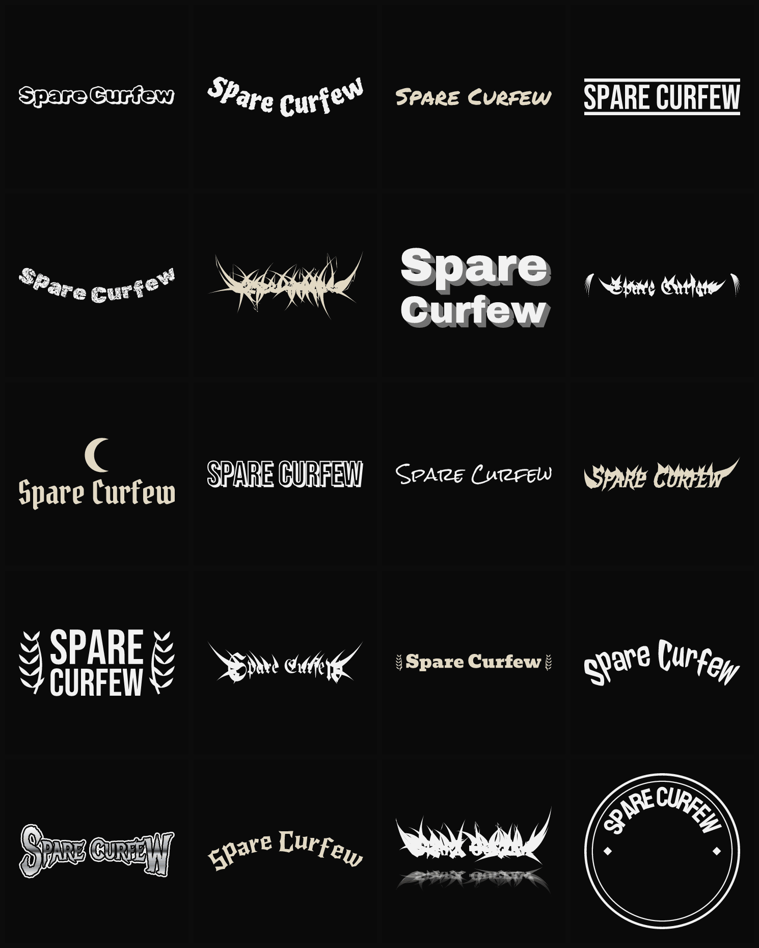 Twenty Spare Curfew band logo ideas — different faces, treatments and spike settings