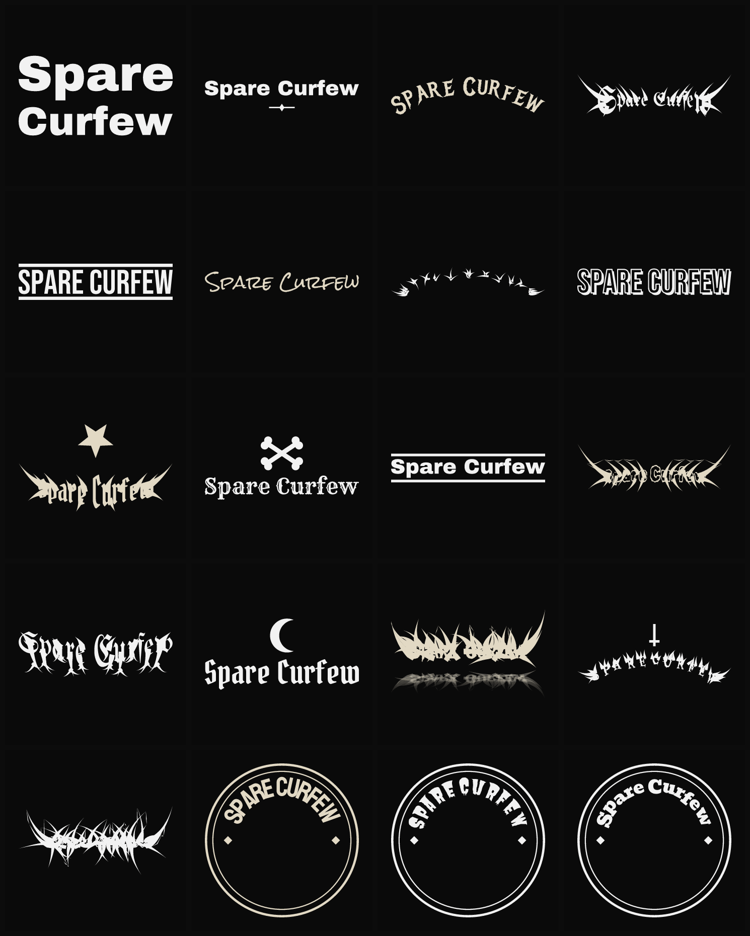 Twenty Spare Curfew band logo ideas — different faces, treatments and spike settings