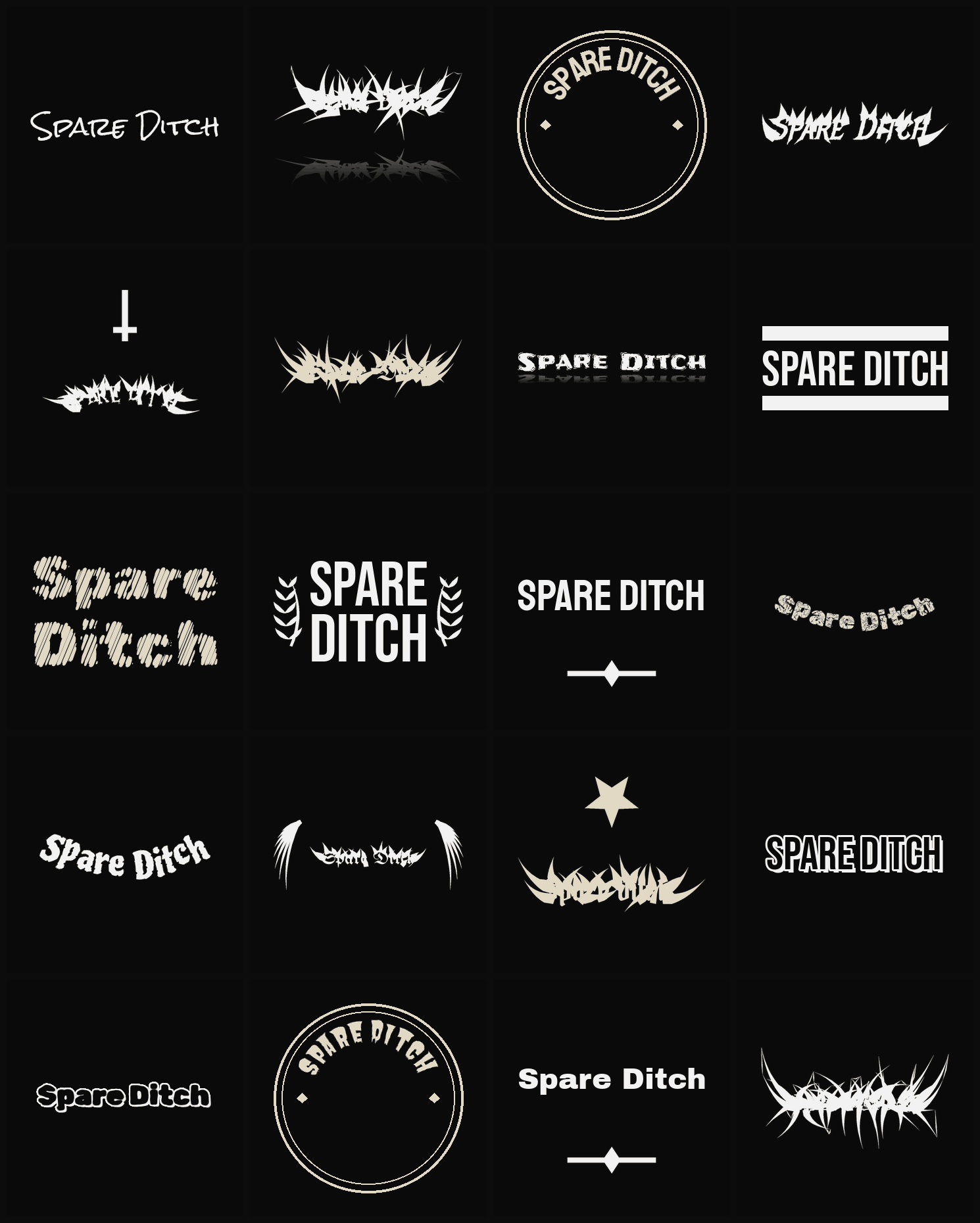 Twenty Spare Ditch band logo ideas — different faces, treatments and spike settings