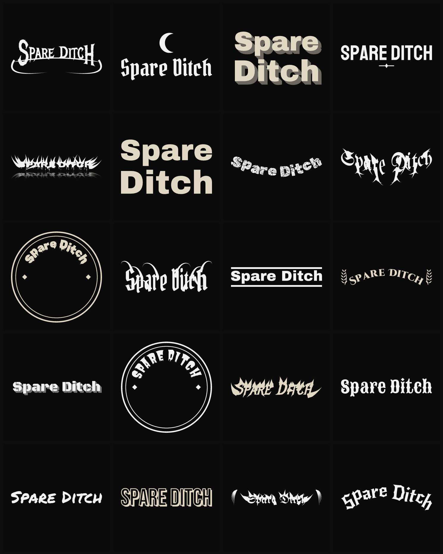 Twenty Spare Ditch band logo ideas — different faces, treatments and spike settings