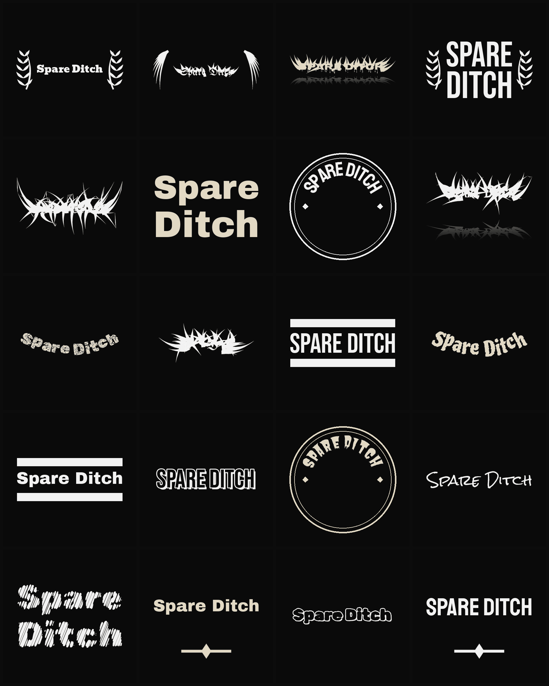 Twenty Spare Ditch band logo ideas — different faces, treatments and spike settings
