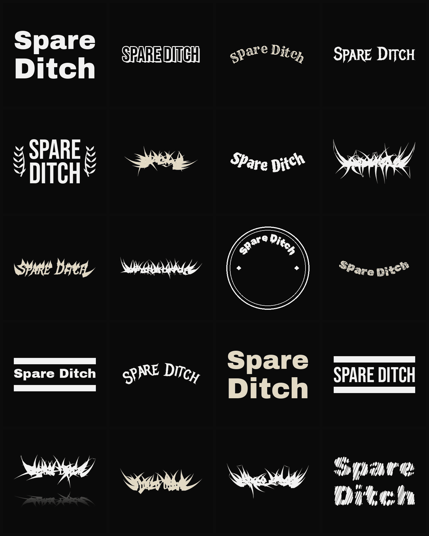 Twenty Spare Ditch band logo ideas — different faces, treatments and spike settings