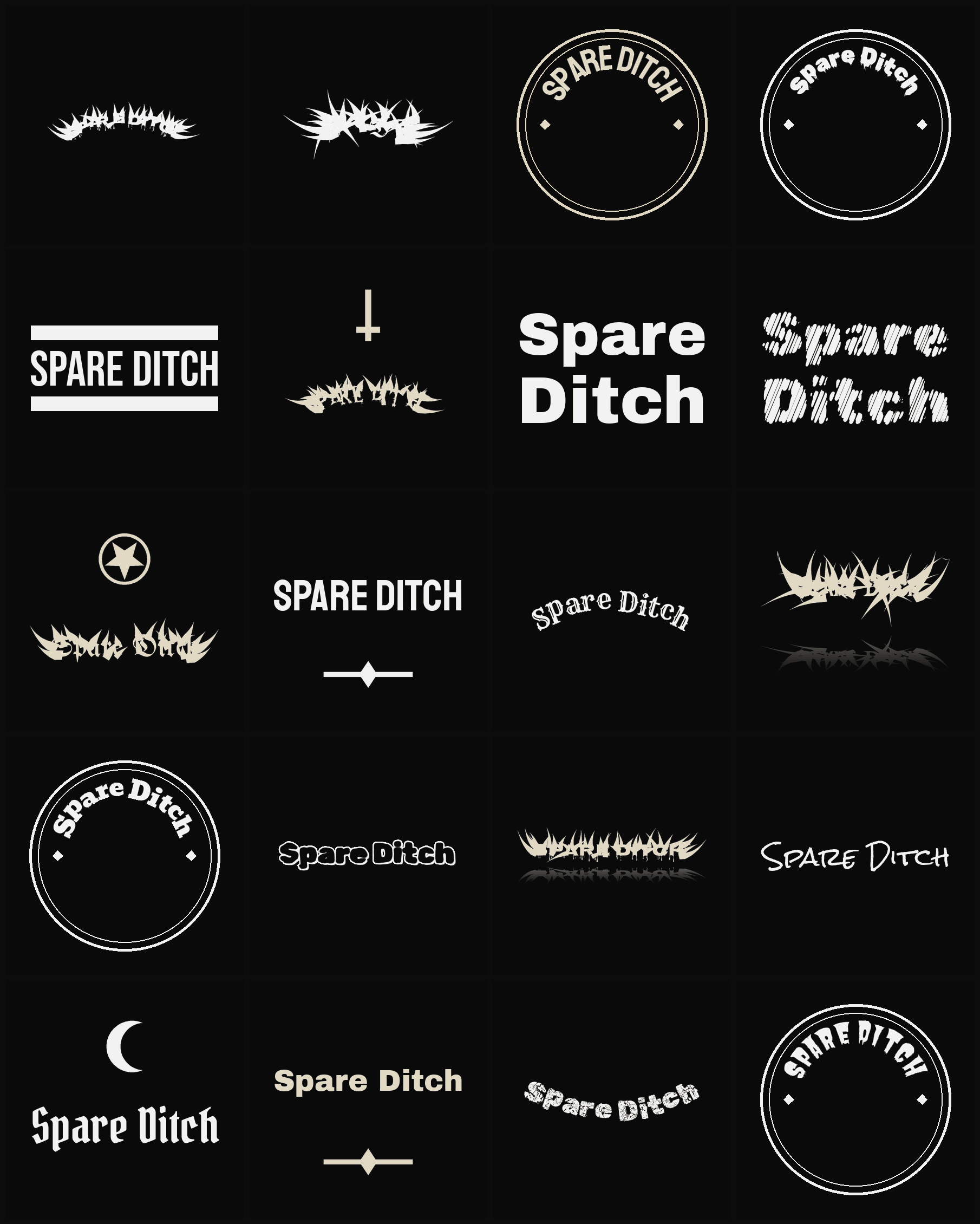 Twenty Spare Ditch band logo ideas — different faces, treatments and spike settings
