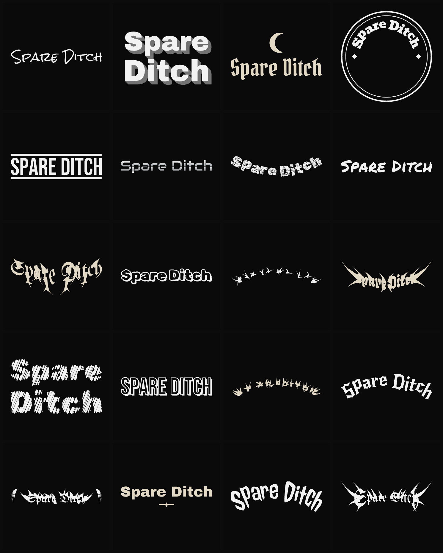Twenty Spare Ditch band logo ideas — different faces, treatments and spike settings