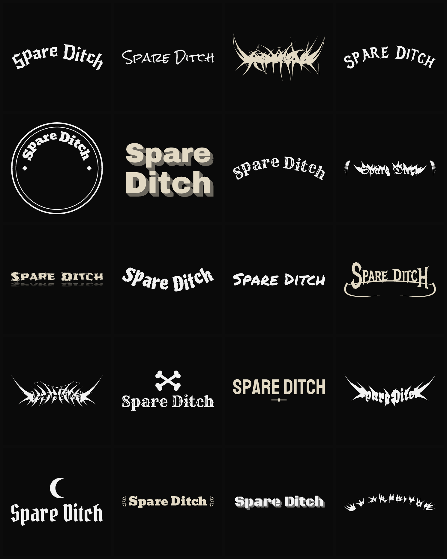 Twenty Spare Ditch band logo ideas — different faces, treatments and spike settings