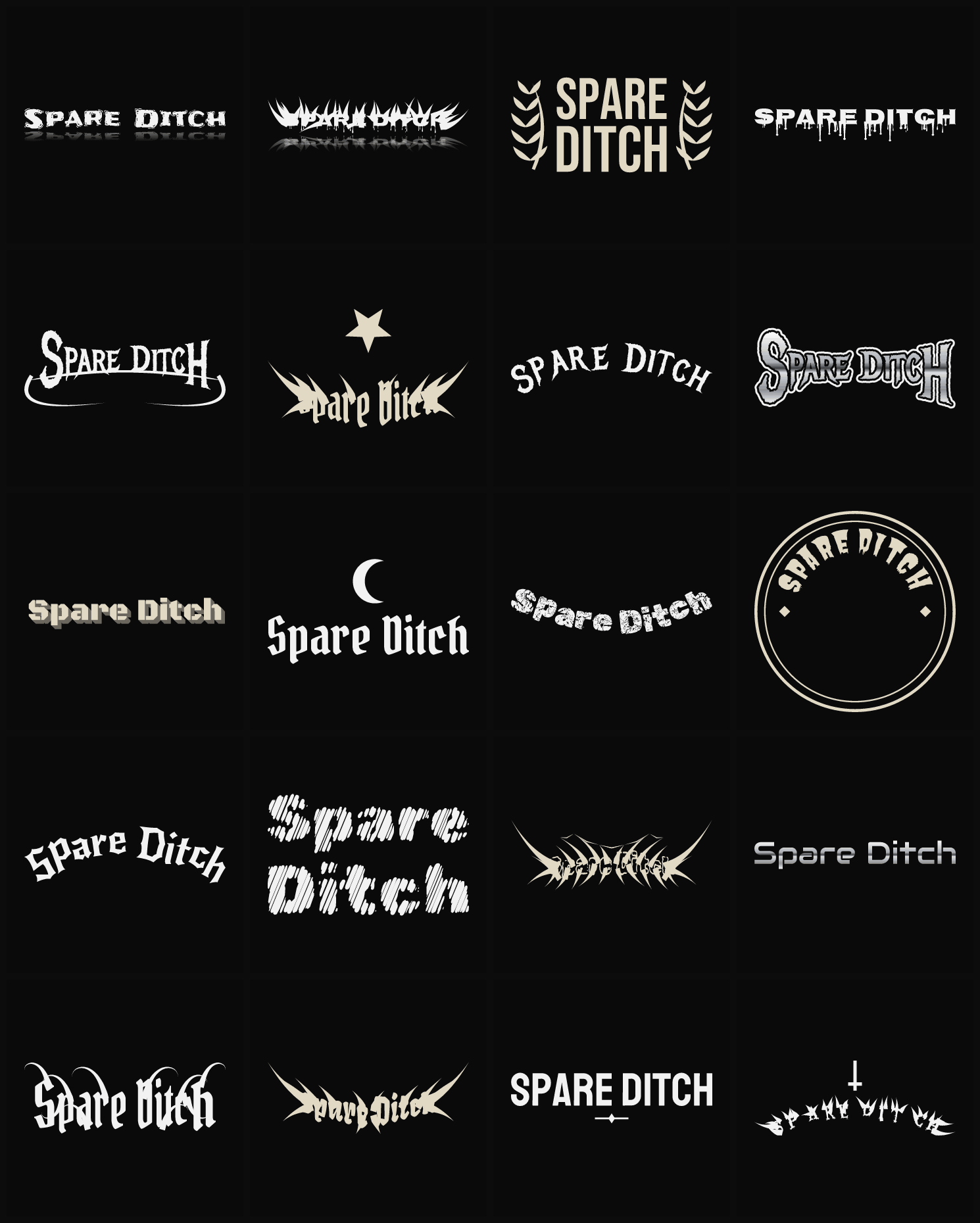 Twenty Spare Ditch band logo ideas — different faces, treatments and spike settings