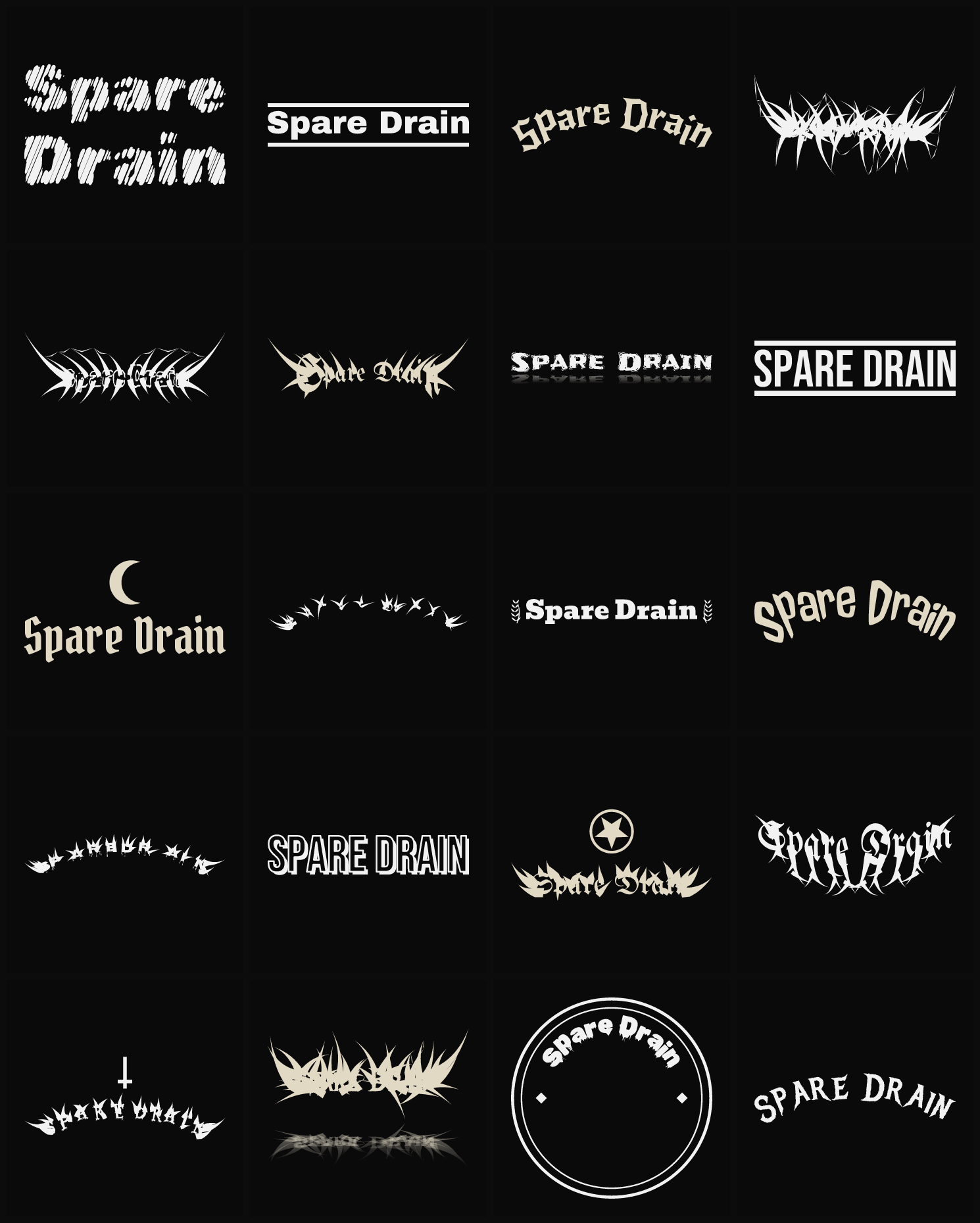 Twenty Spare Drain band logo ideas — different faces, treatments and spike settings