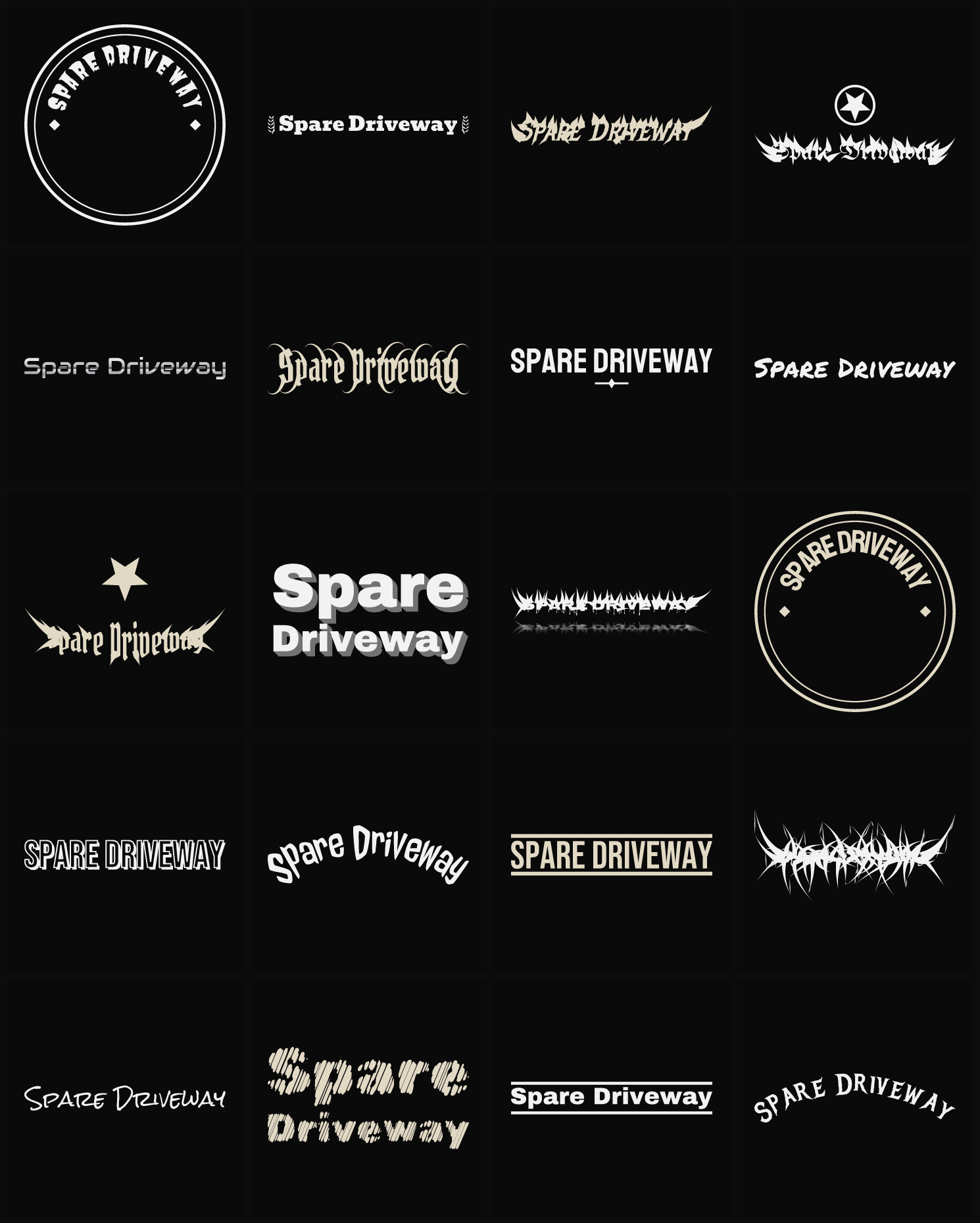 Twenty Spare Driveway band logo ideas — different faces, treatments and spike settings