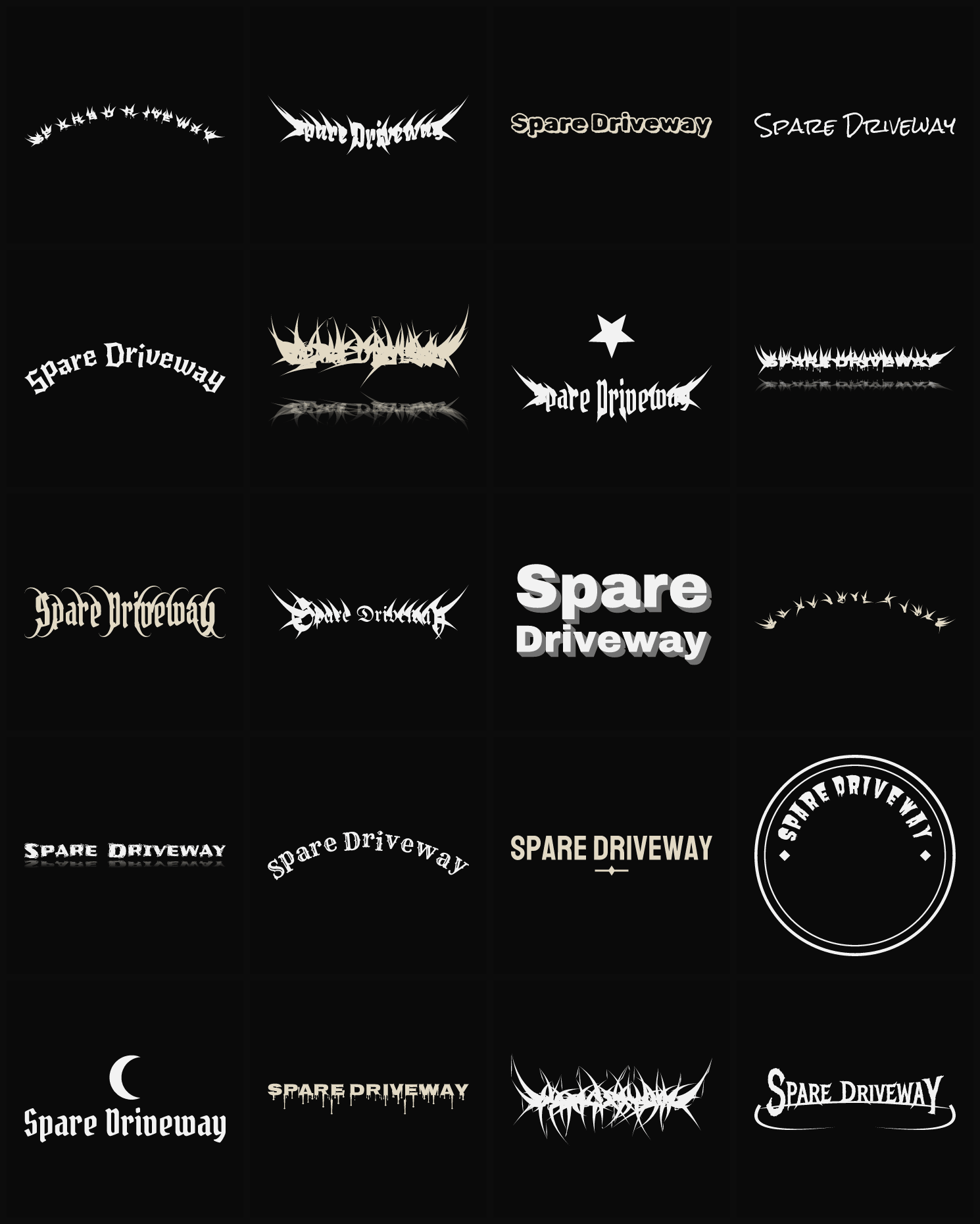 Twenty Spare Driveway band logo ideas — different faces, treatments and spike settings