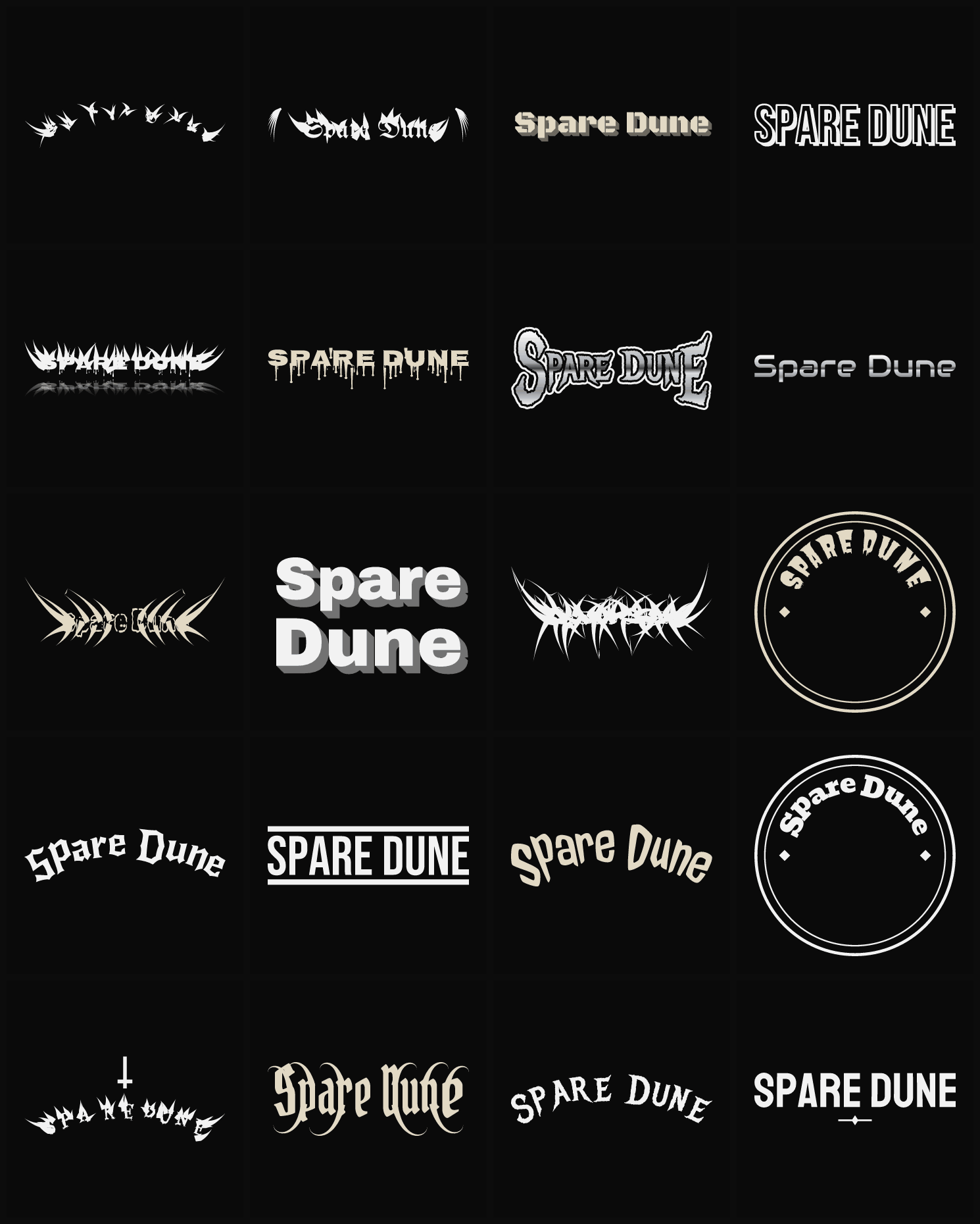 Twenty Spare Dune band logo ideas — different faces, treatments and spike settings