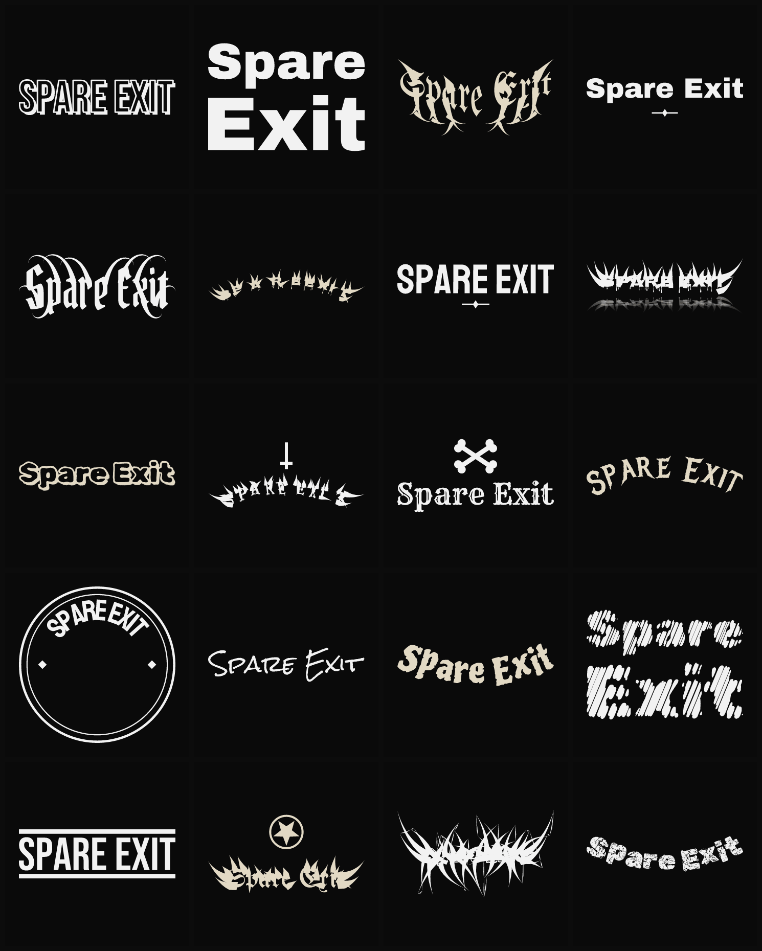 Twenty Spare Exit band logo ideas — different faces, treatments and spike settings