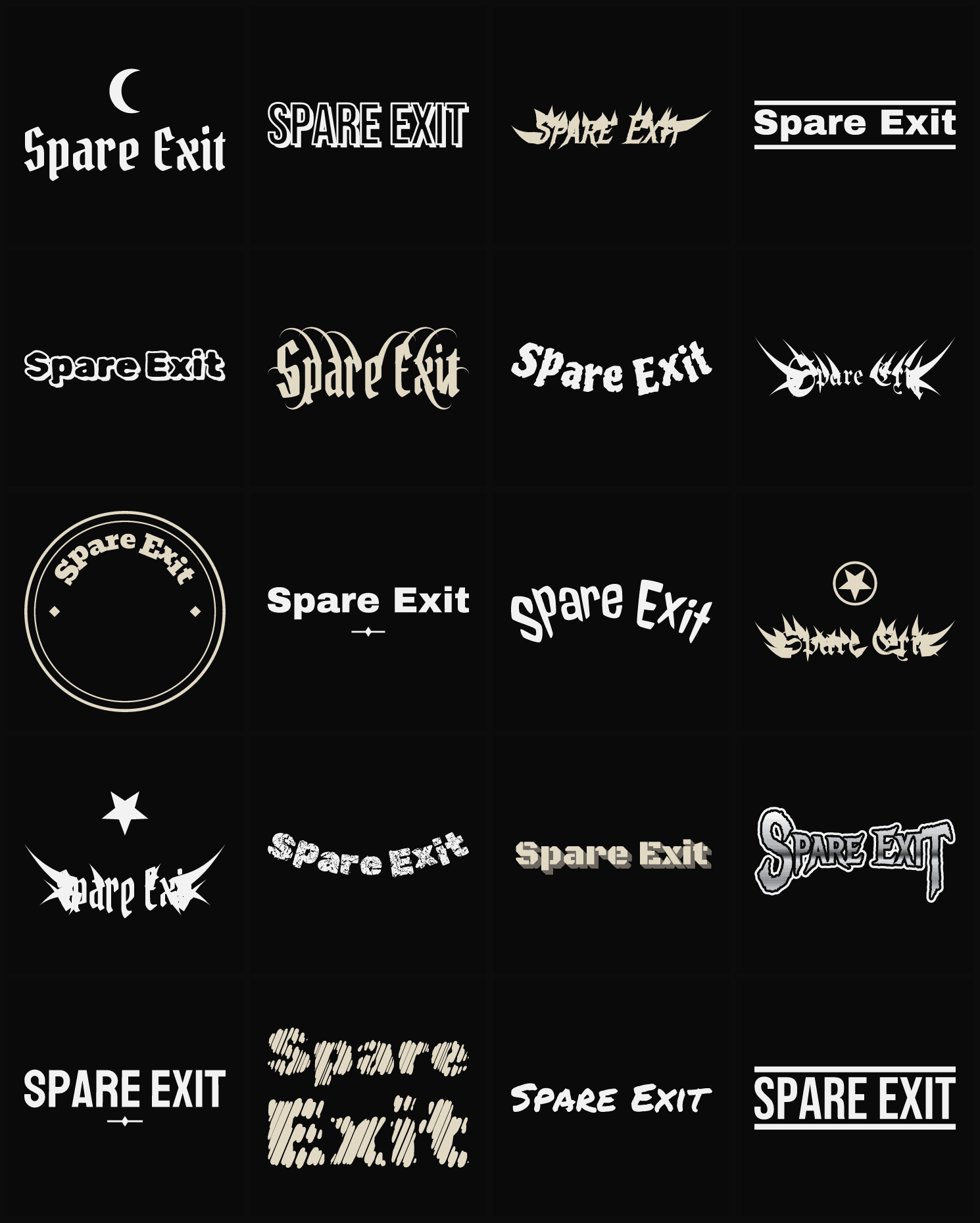 Twenty Spare Exit band logo ideas — different faces, treatments and spike settings