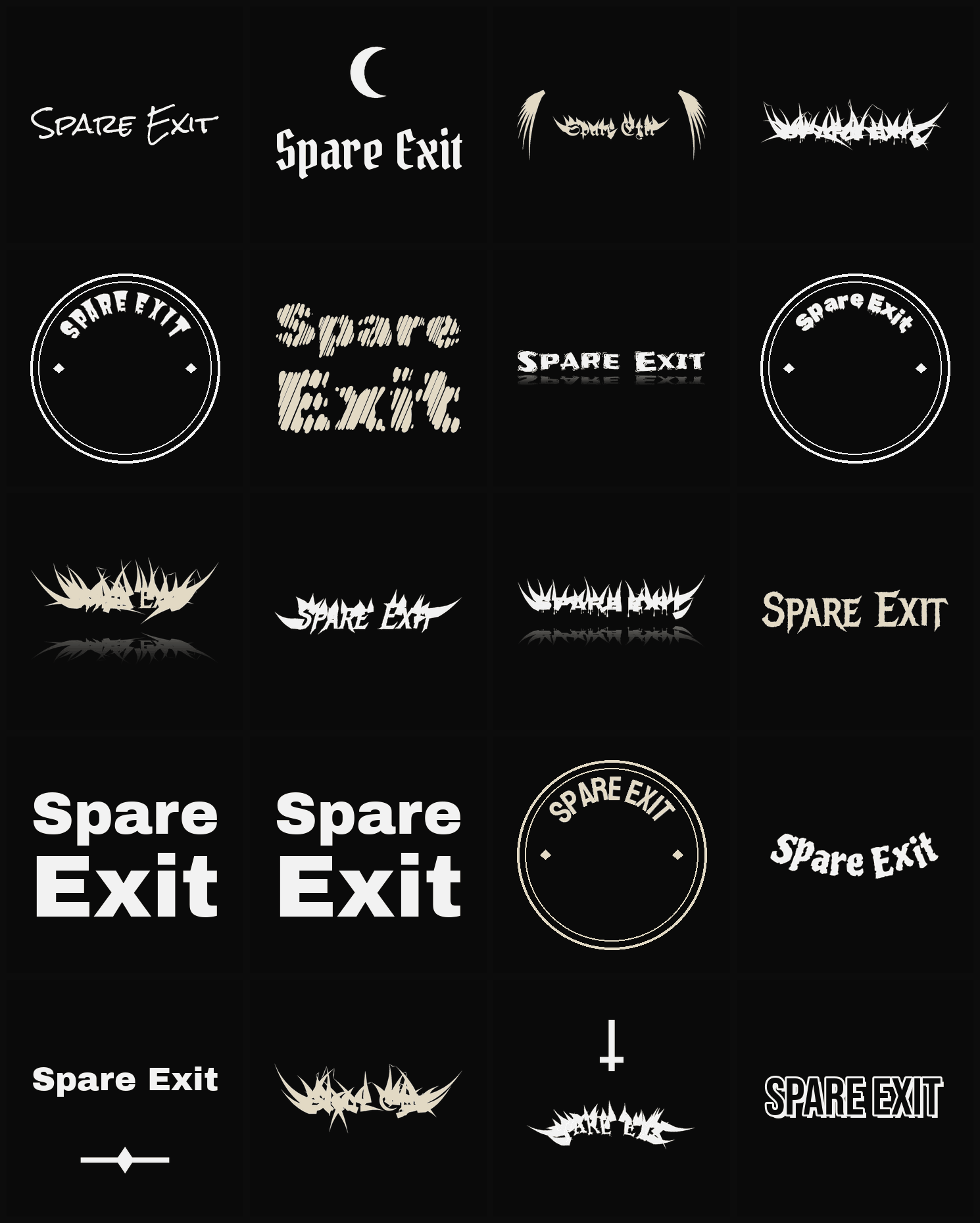Twenty Spare Exit band logo ideas — different faces, treatments and spike settings