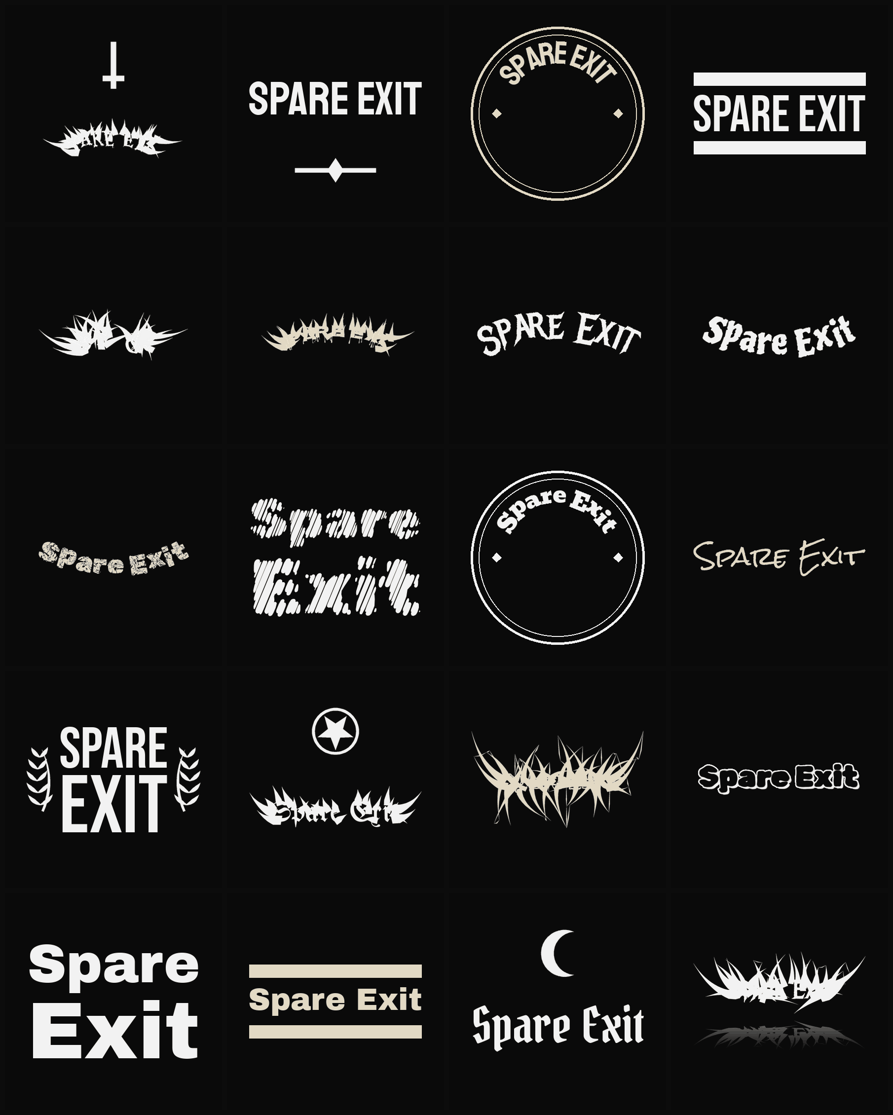 Twenty Spare Exit band logo ideas — different faces, treatments and spike settings