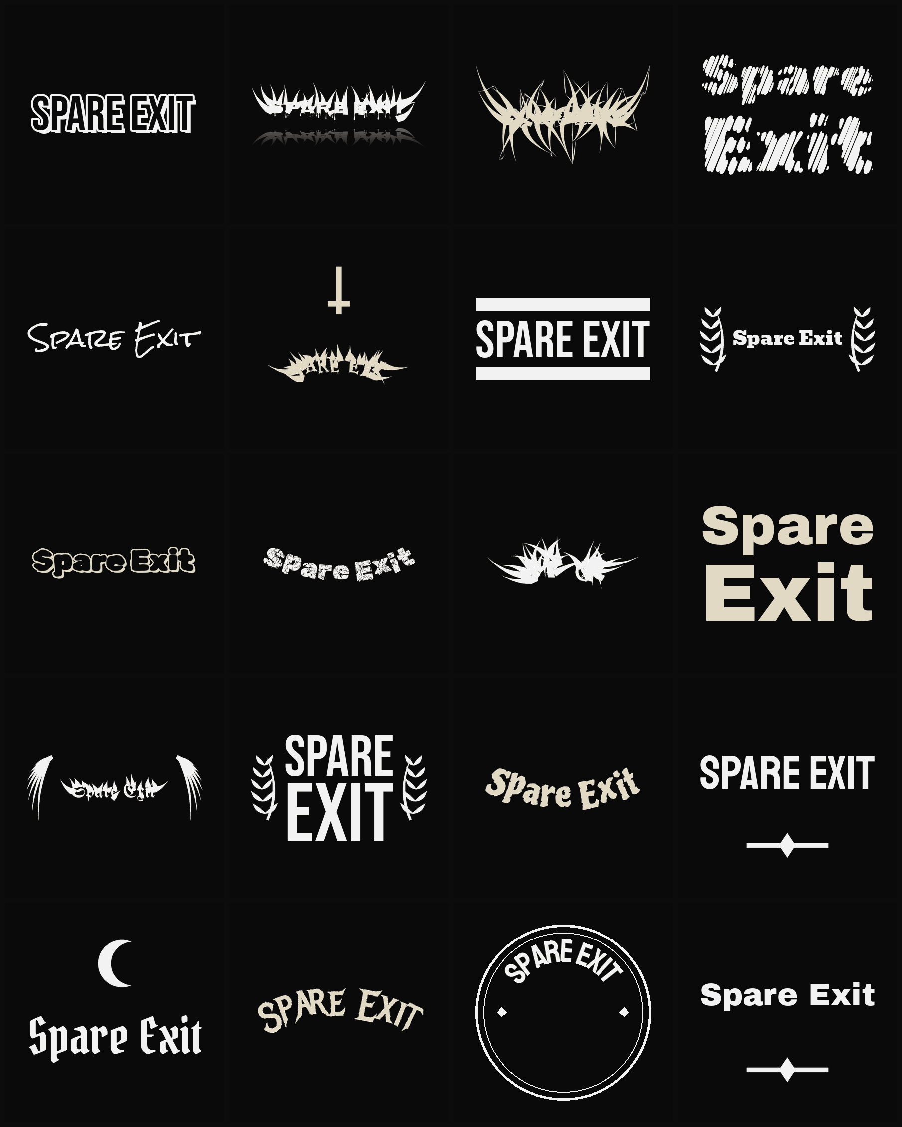 Twenty Spare Exit band logo ideas — different faces, treatments and spike settings