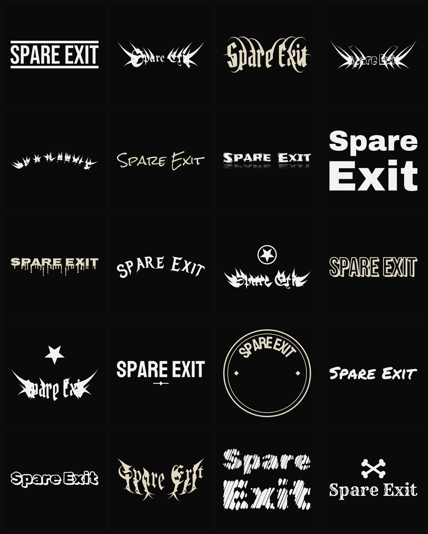 Twenty Spare Exit band logo ideas — different faces, treatments and spike settings