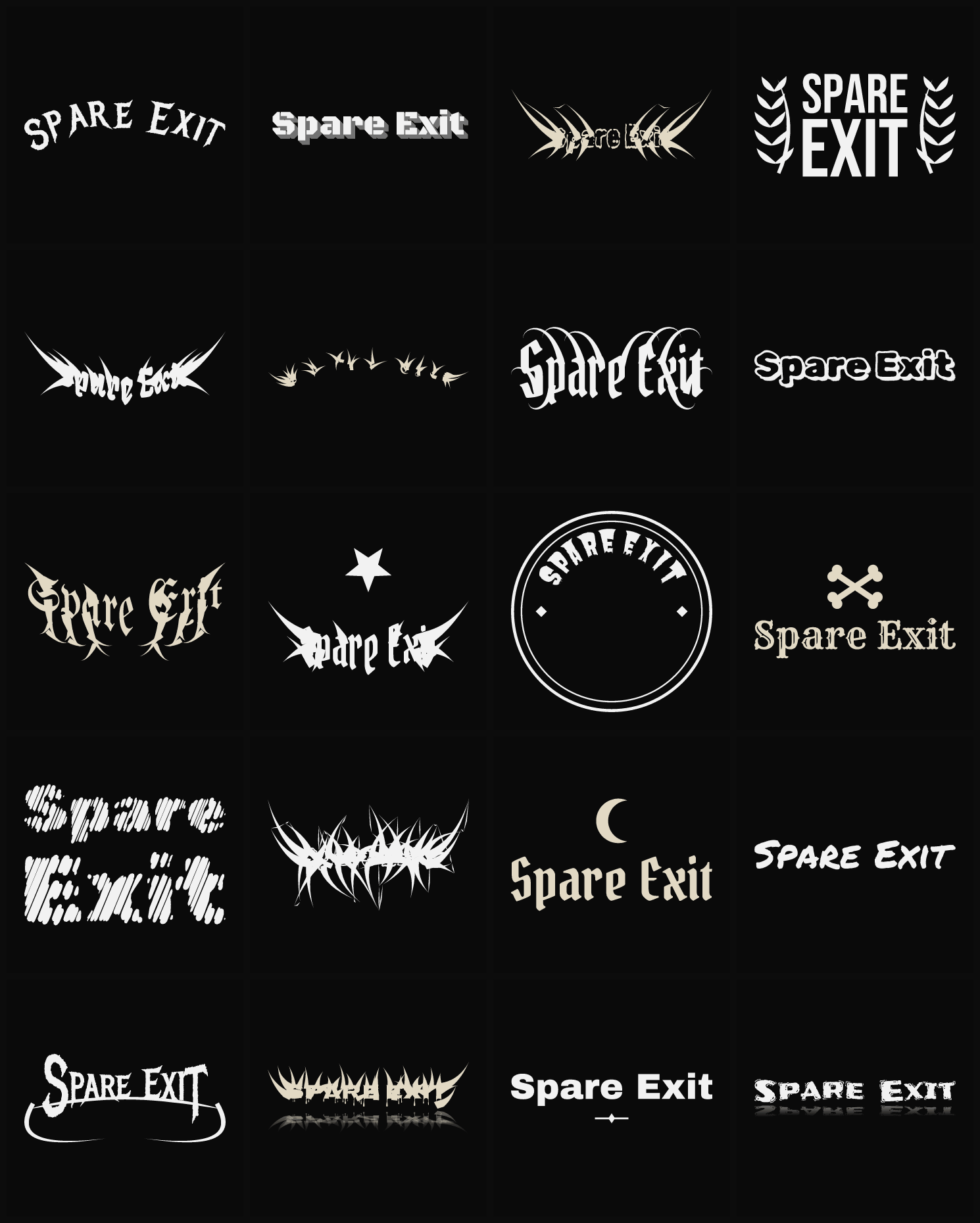 Twenty Spare Exit band logo ideas — different faces, treatments and spike settings