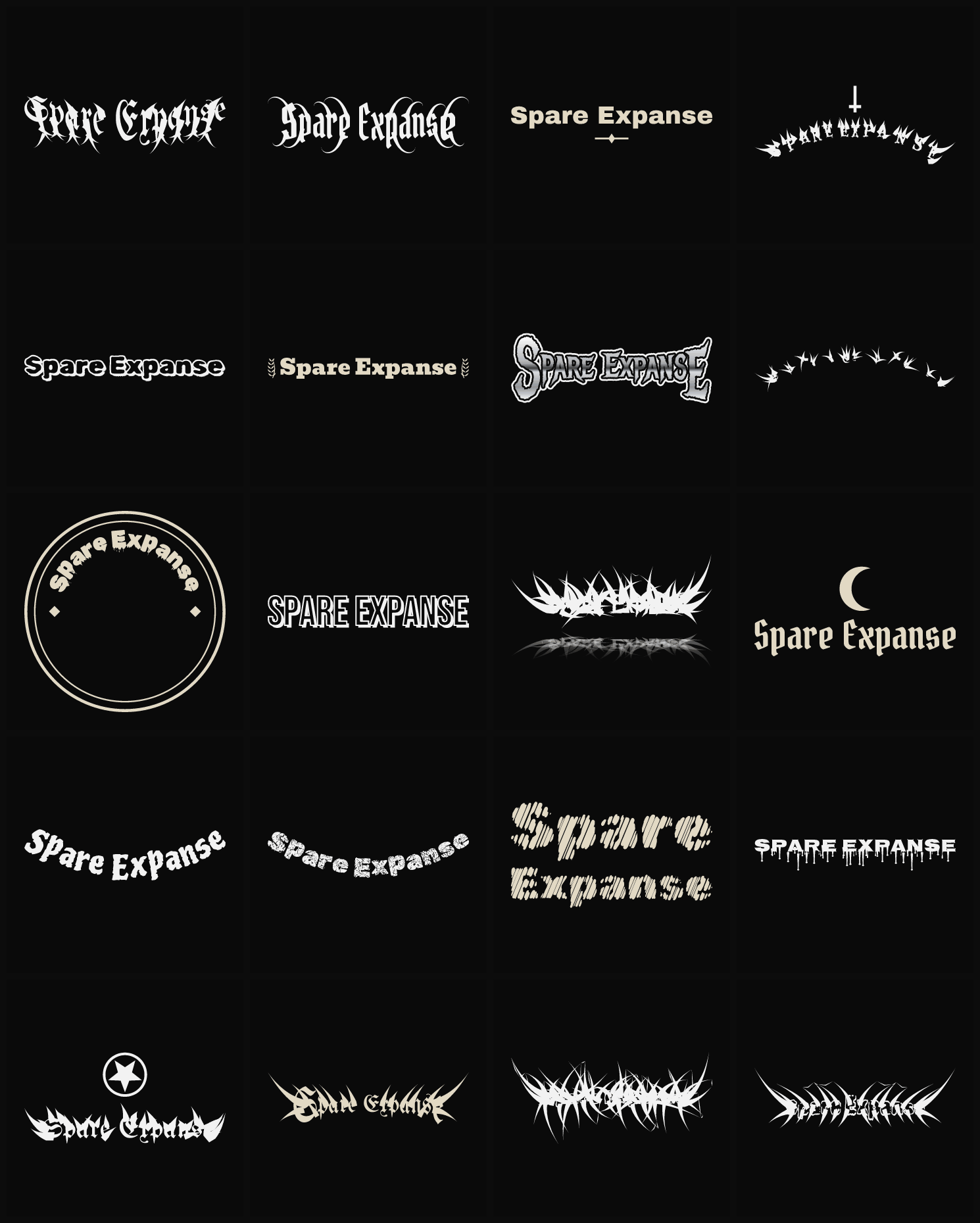 Twenty Spare Expanse band logo ideas — different faces, treatments and spike settings