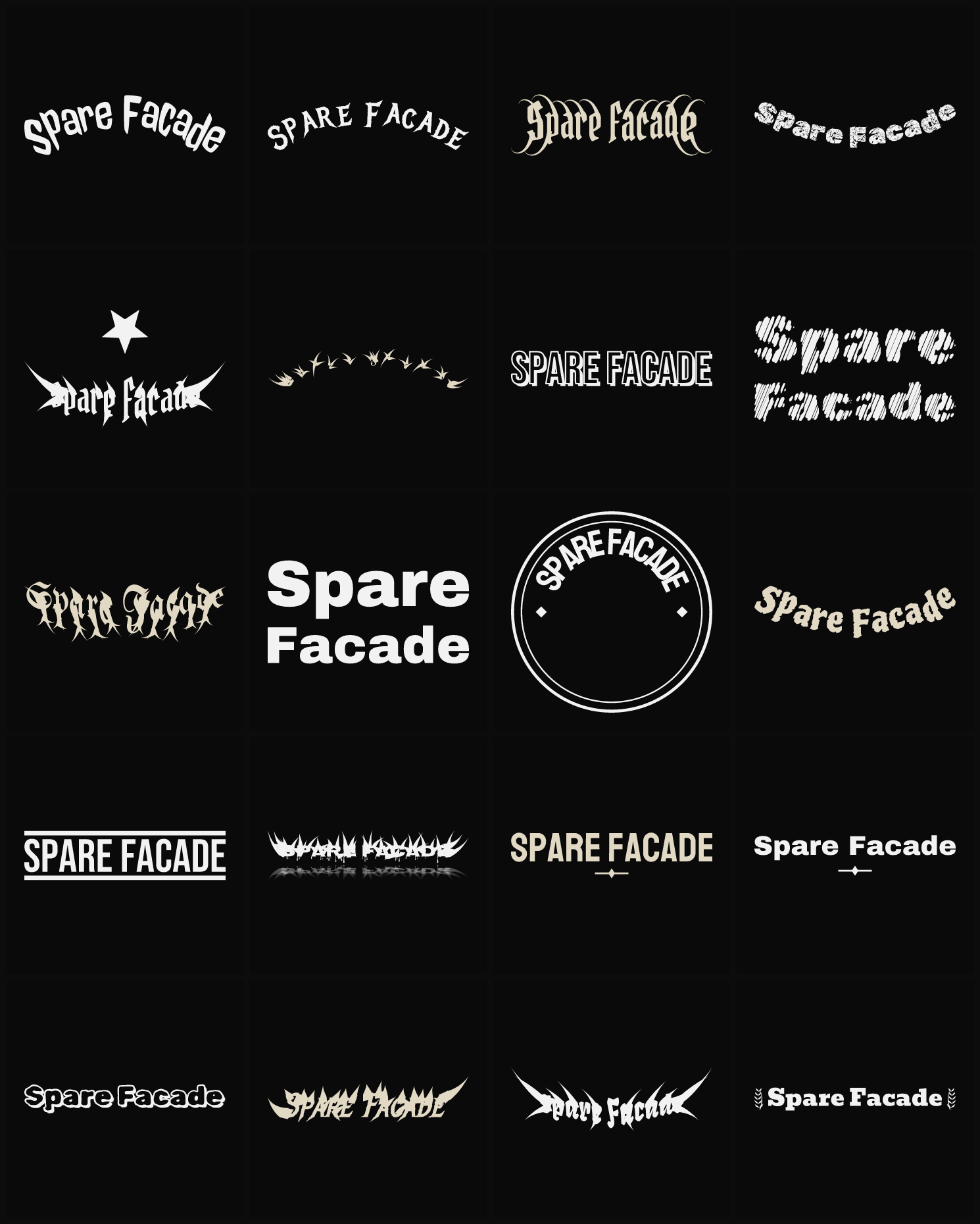 Twenty Spare Facade band logo ideas — different faces, treatments and spike settings