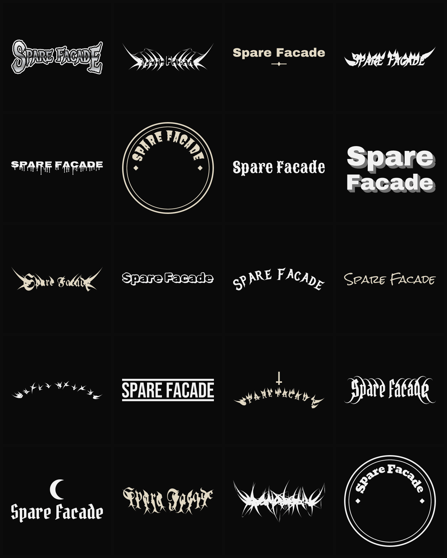 Twenty Spare Facade band logo ideas — different faces, treatments and spike settings