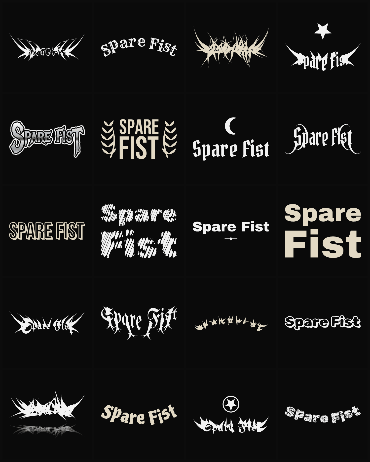 Twenty Spare Fist band logo ideas — different faces, treatments and spike settings