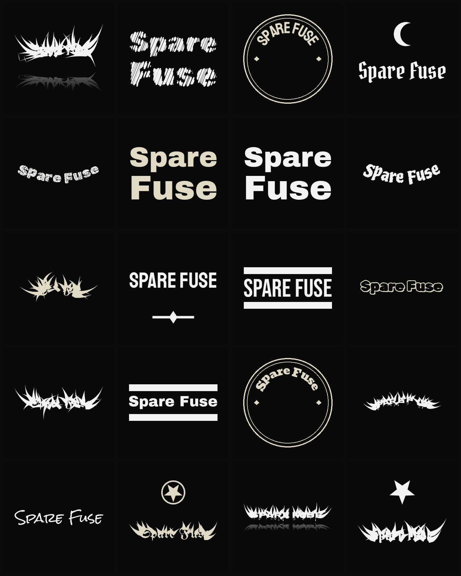 Twenty Spare Fuse band logo ideas — different faces, treatments and spike settings
