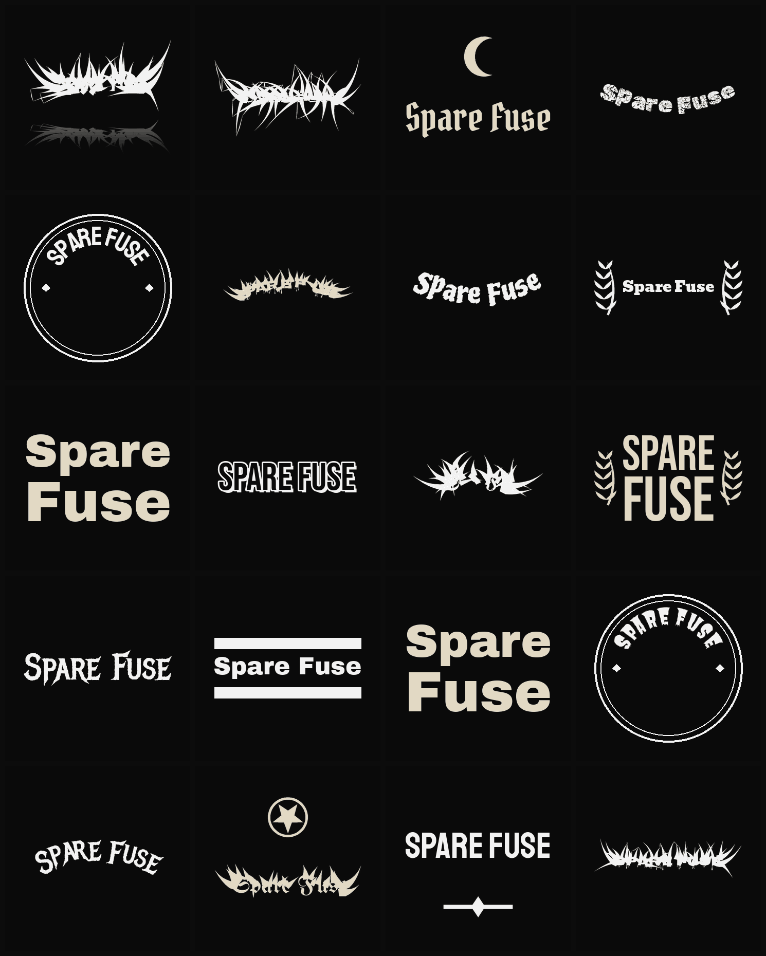 Twenty Spare Fuse band logo ideas — different faces, treatments and spike settings