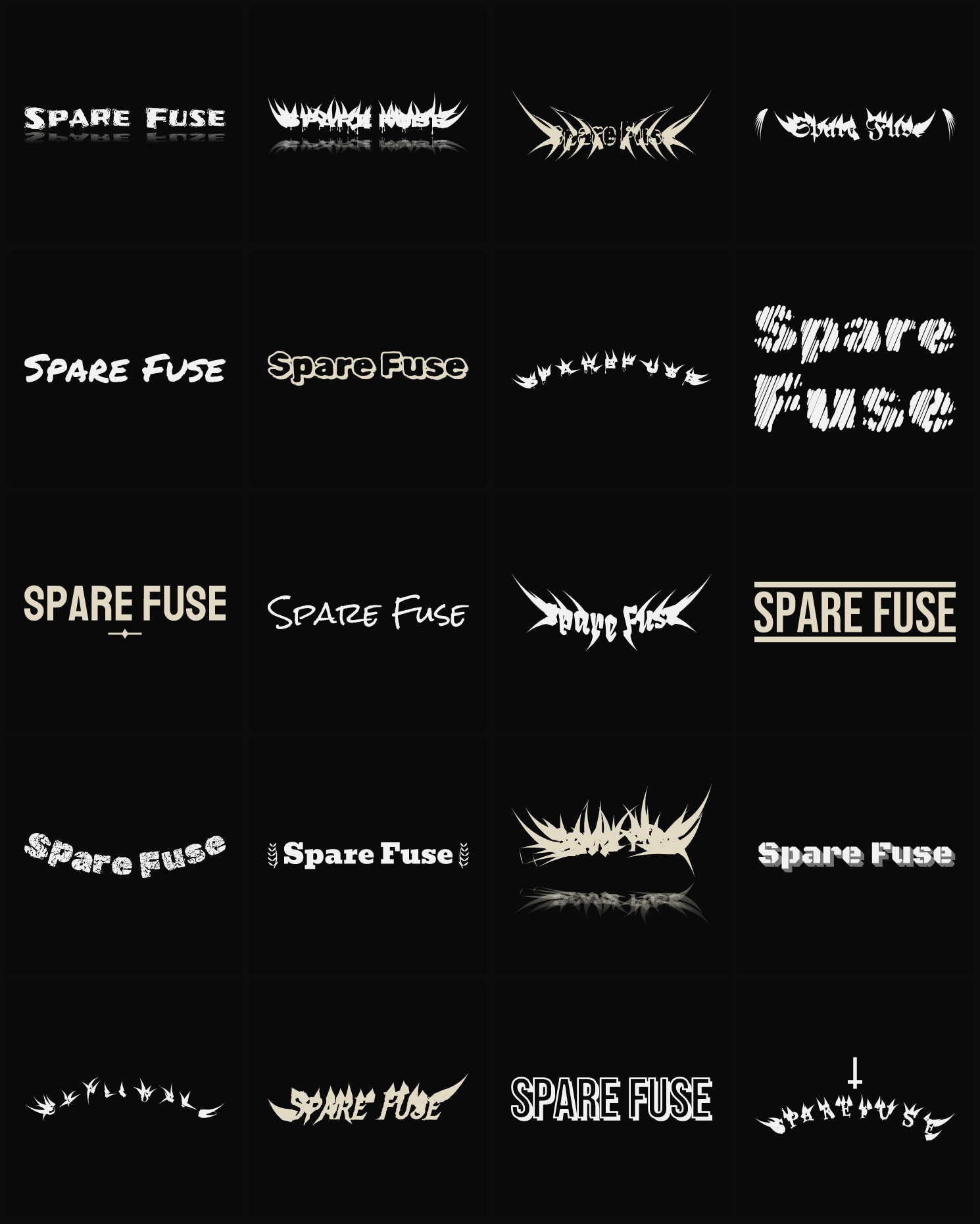 Twenty Spare Fuse band logo ideas — different faces, treatments and spike settings