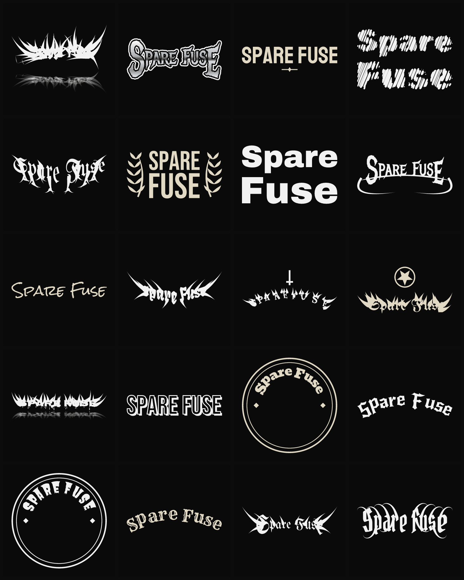 Twenty Spare Fuse band logo ideas — different faces, treatments and spike settings