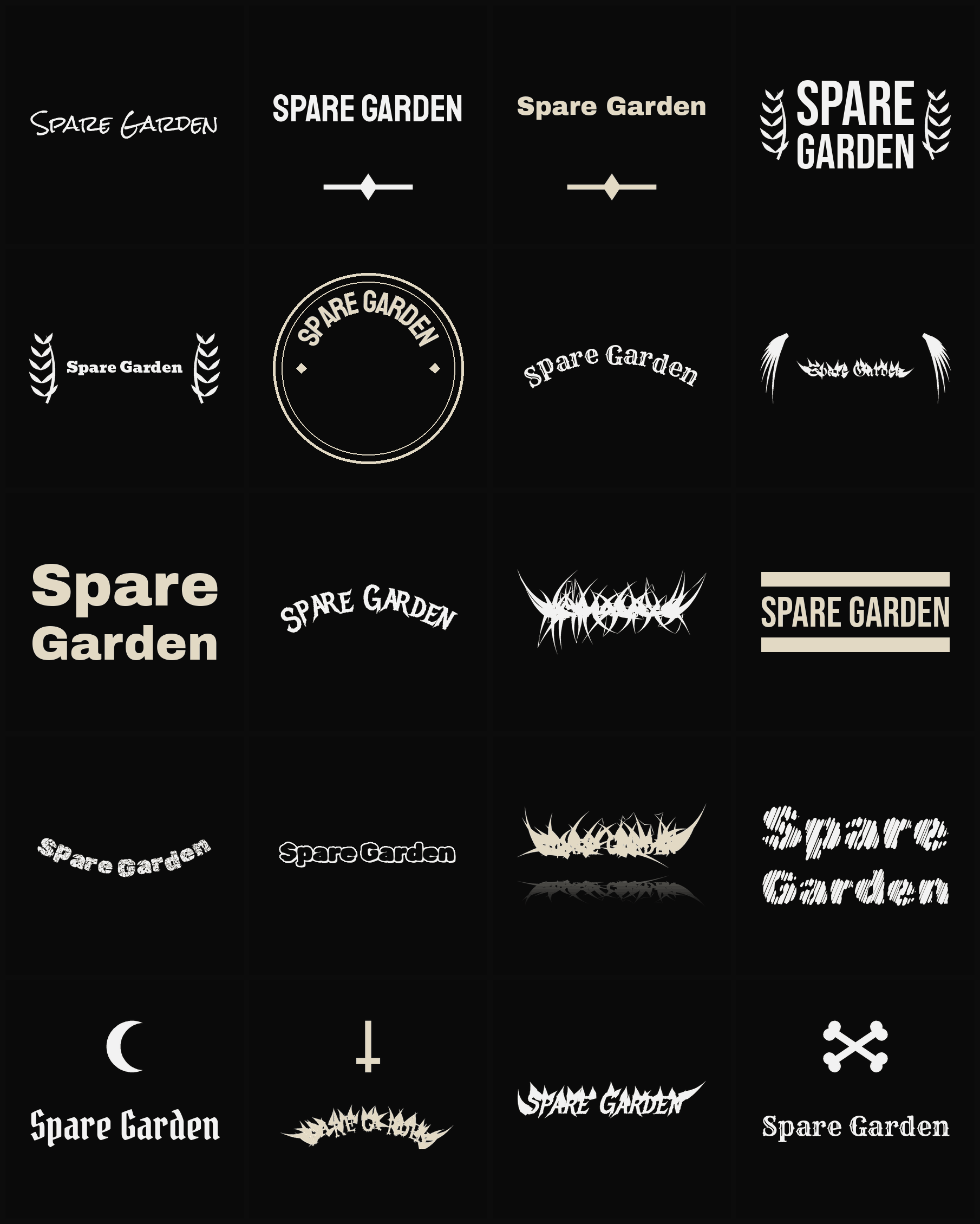 Twenty Spare Garden band logo ideas — different faces, treatments and spike settings