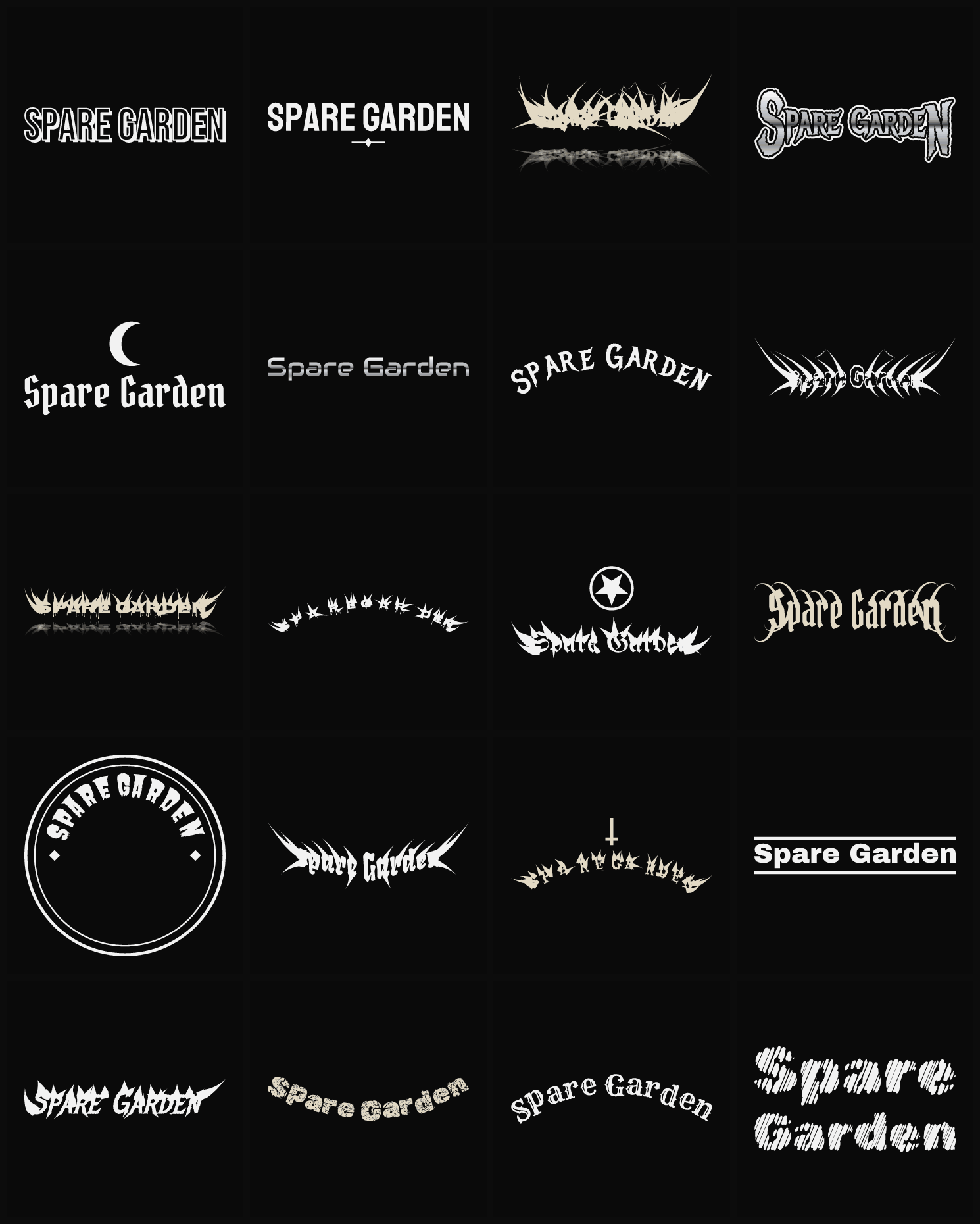 Twenty Spare Garden band logo ideas — different faces, treatments and spike settings