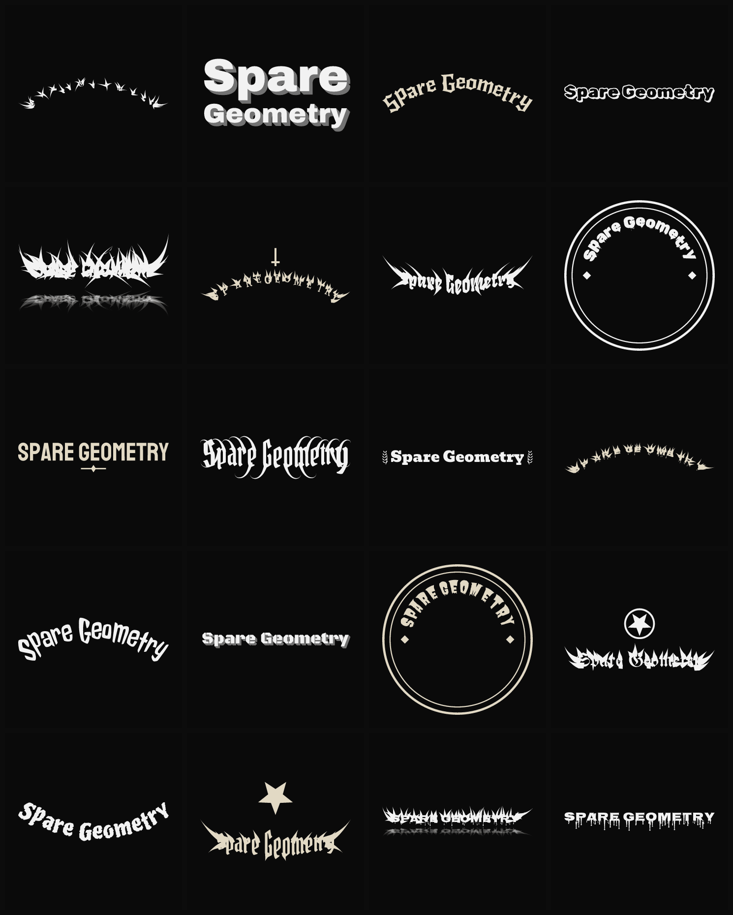 Twenty Spare Geometry band logo ideas — different faces, treatments and spike settings