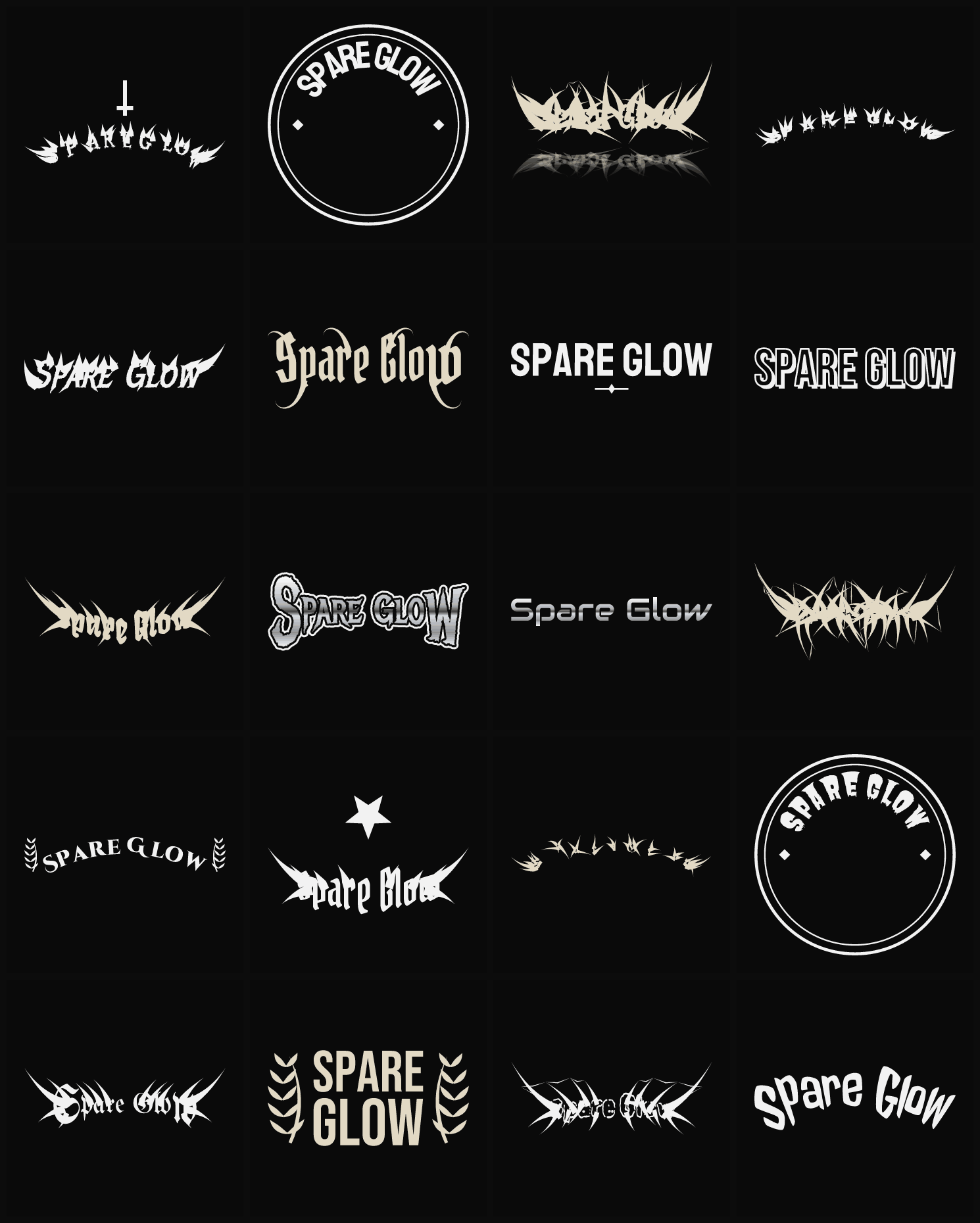 Twenty Spare Glow band logo ideas — different faces, treatments and spike settings
