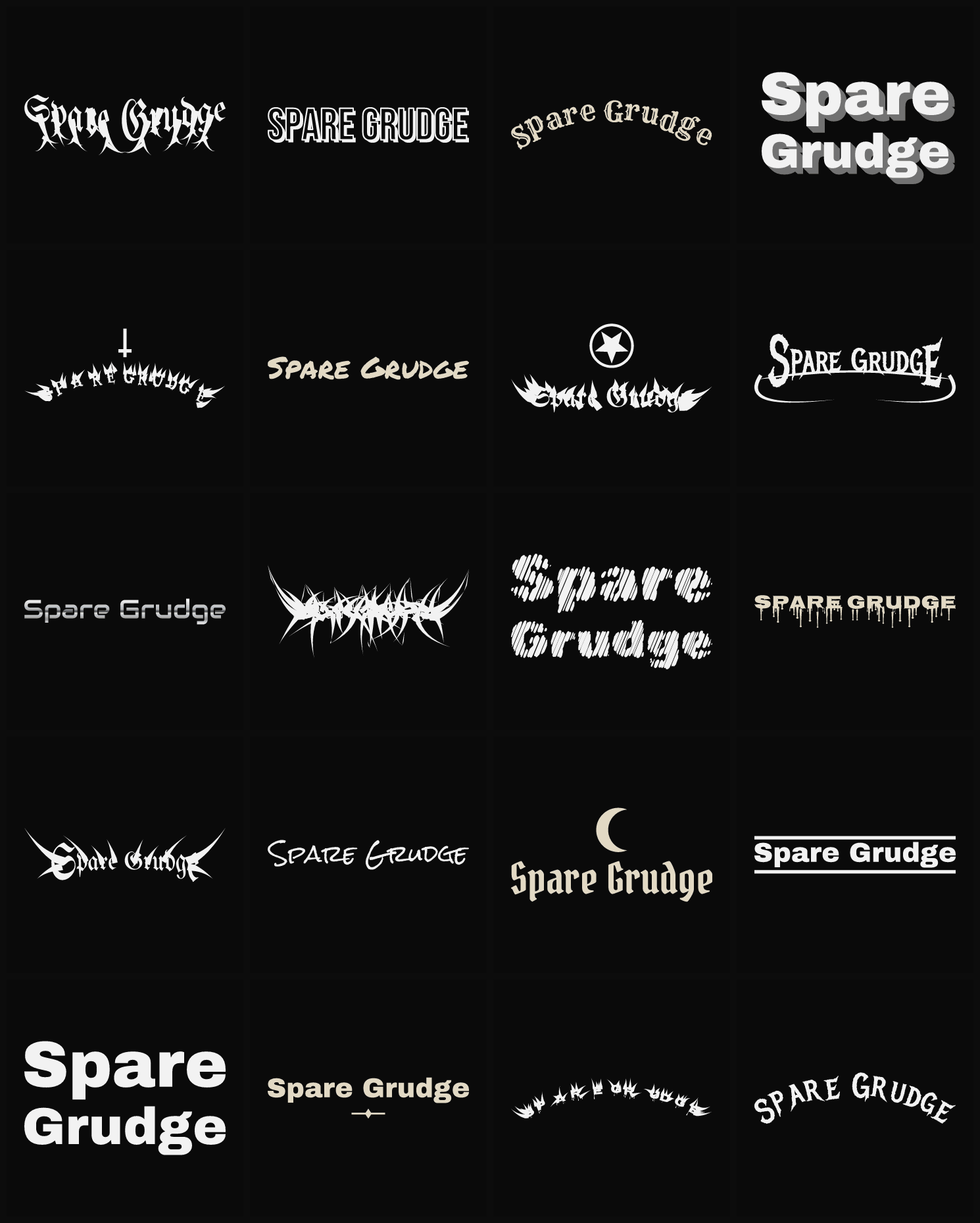 Twenty Spare Grudge band logo ideas — different faces, treatments and spike settings