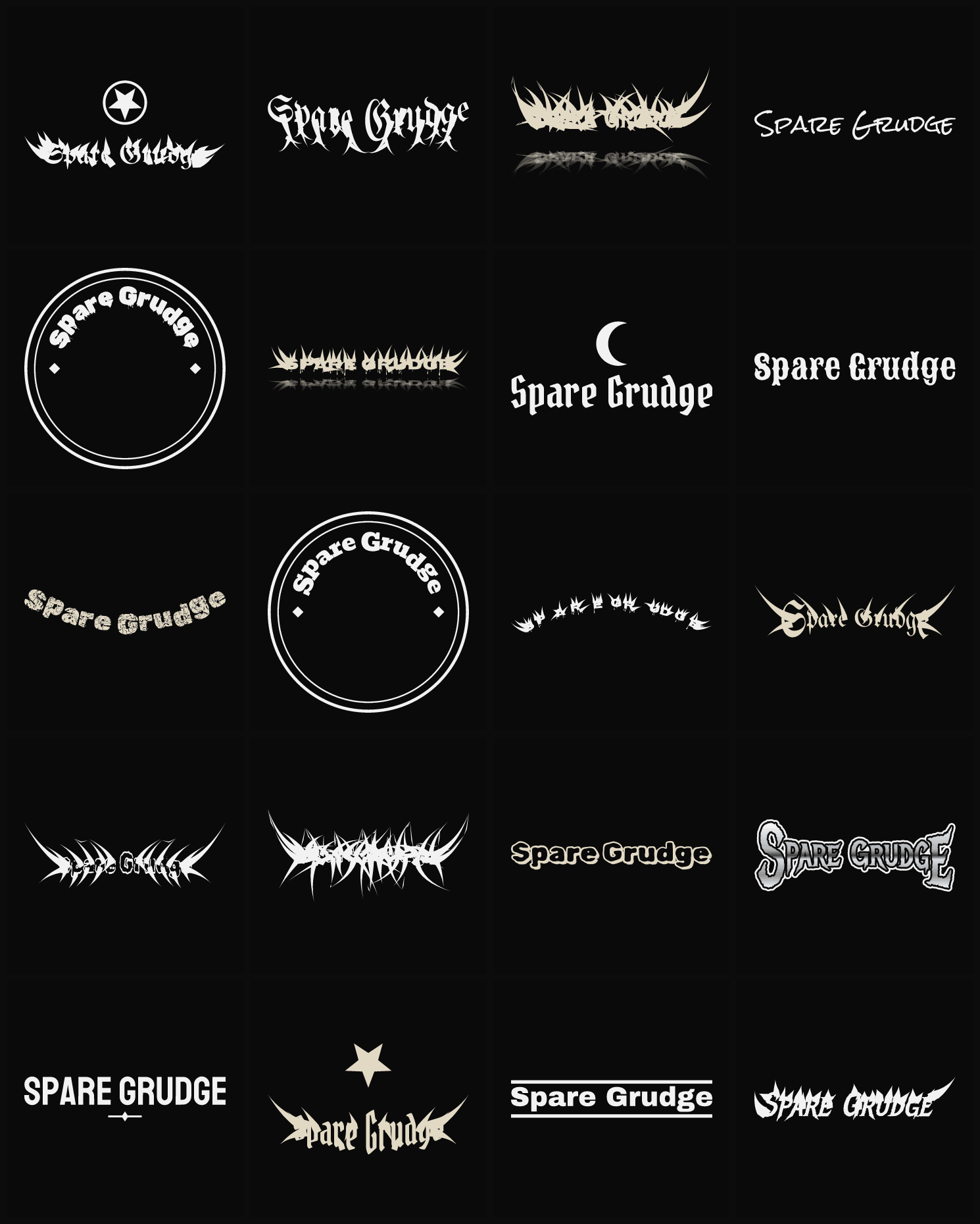 Twenty Spare Grudge band logo ideas — different faces, treatments and spike settings