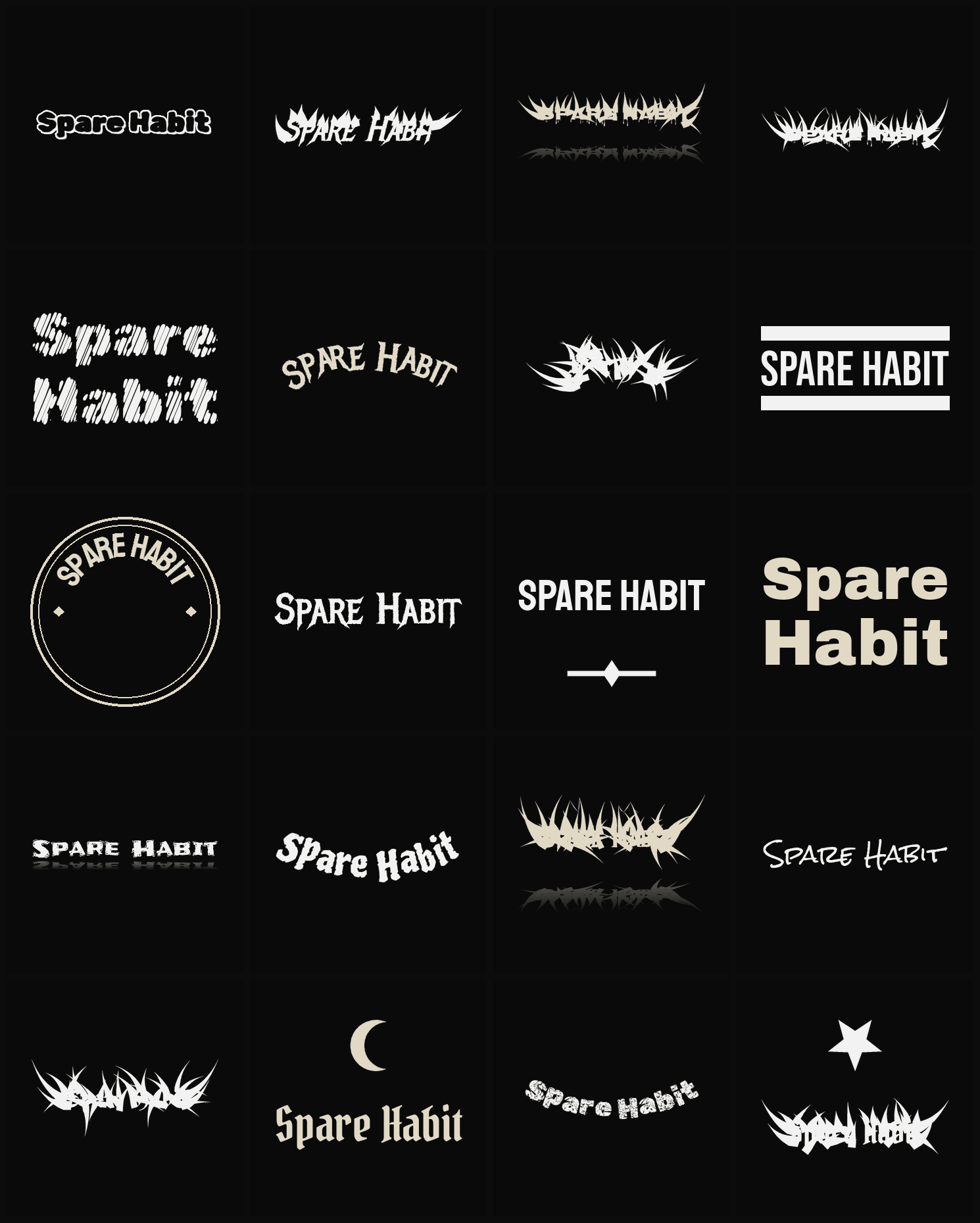 Twenty Spare Habit band logo ideas — different faces, treatments and spike settings