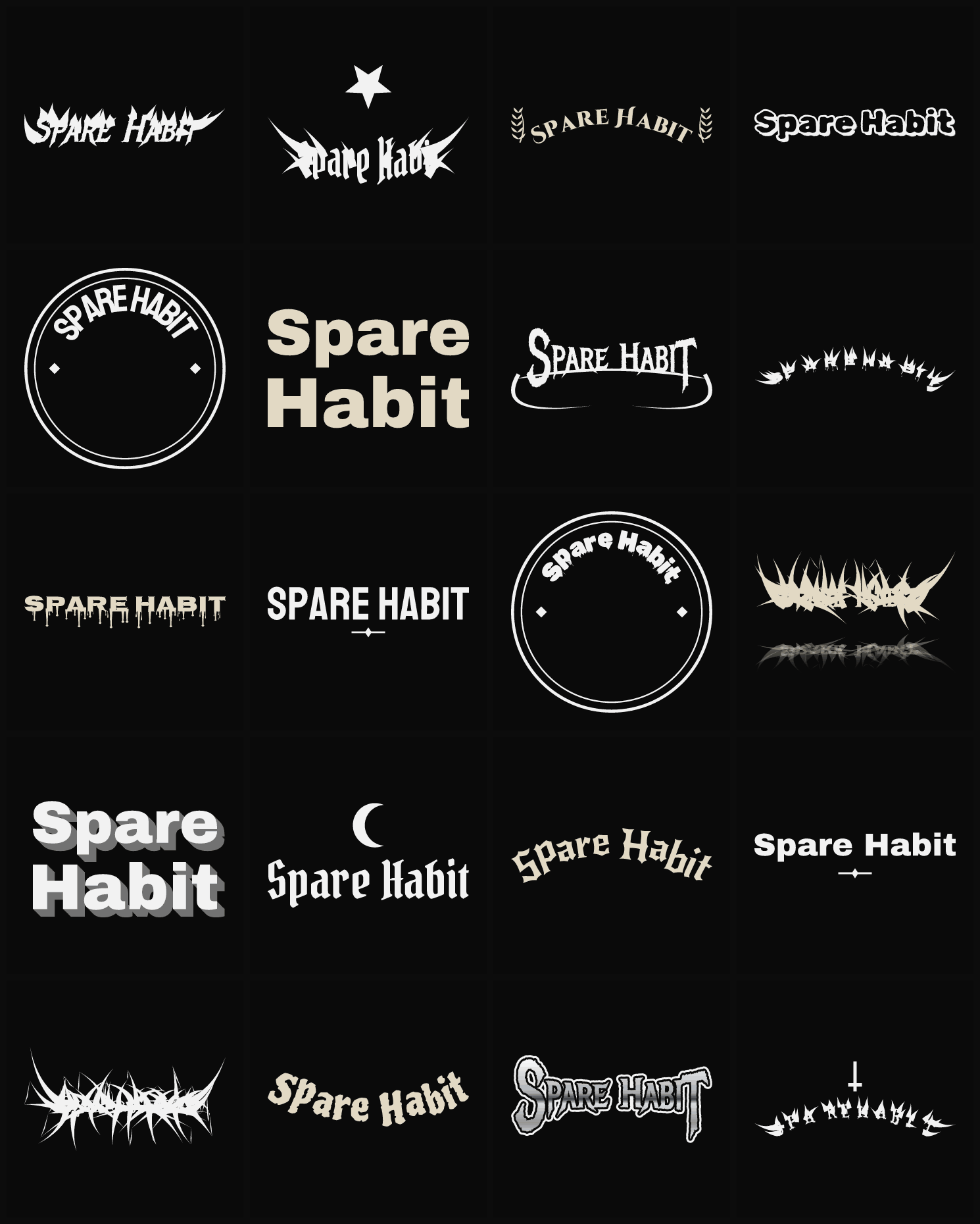 Twenty Spare Habit band logo ideas — different faces, treatments and spike settings