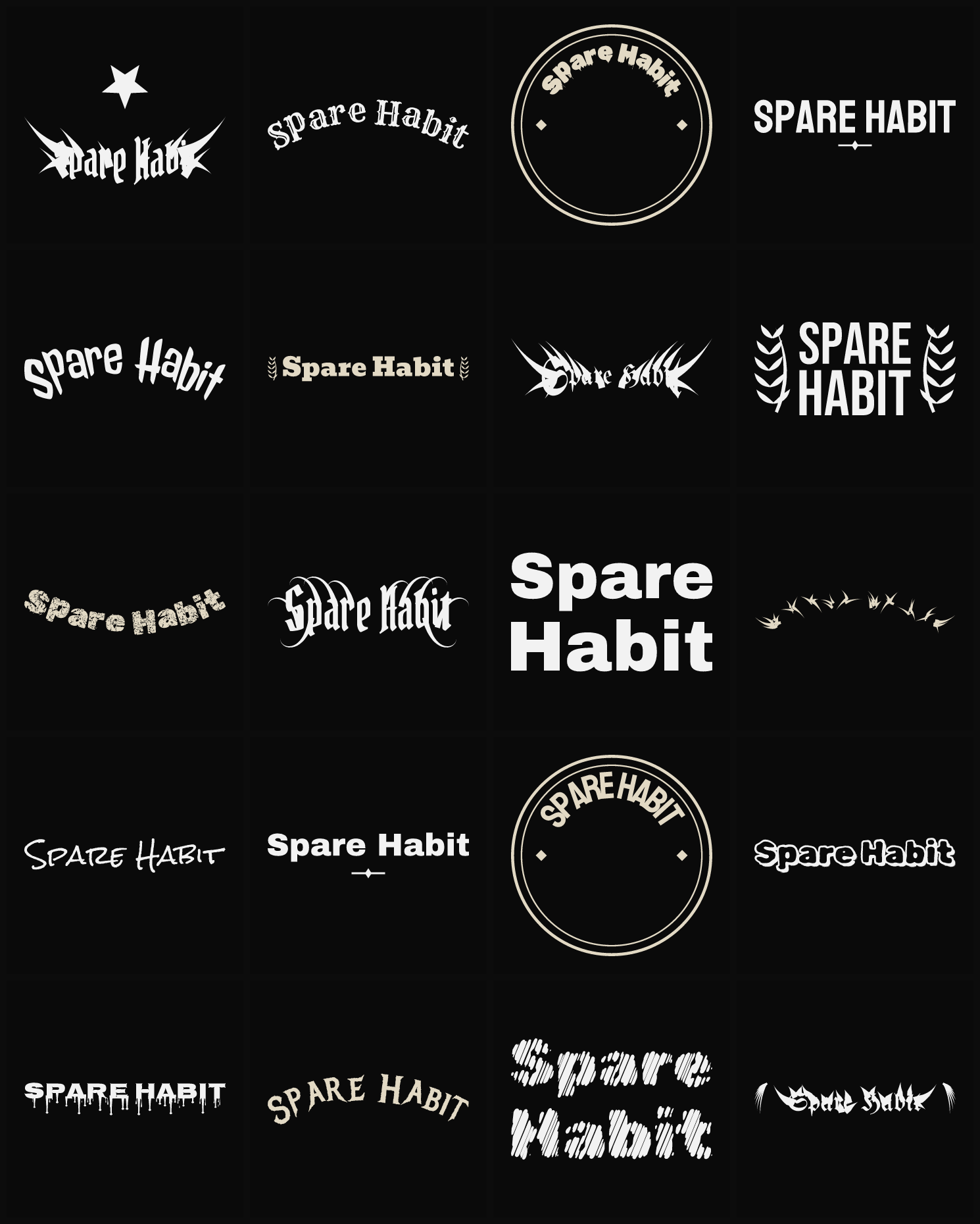 Twenty Spare Habit band logo ideas — different faces, treatments and spike settings