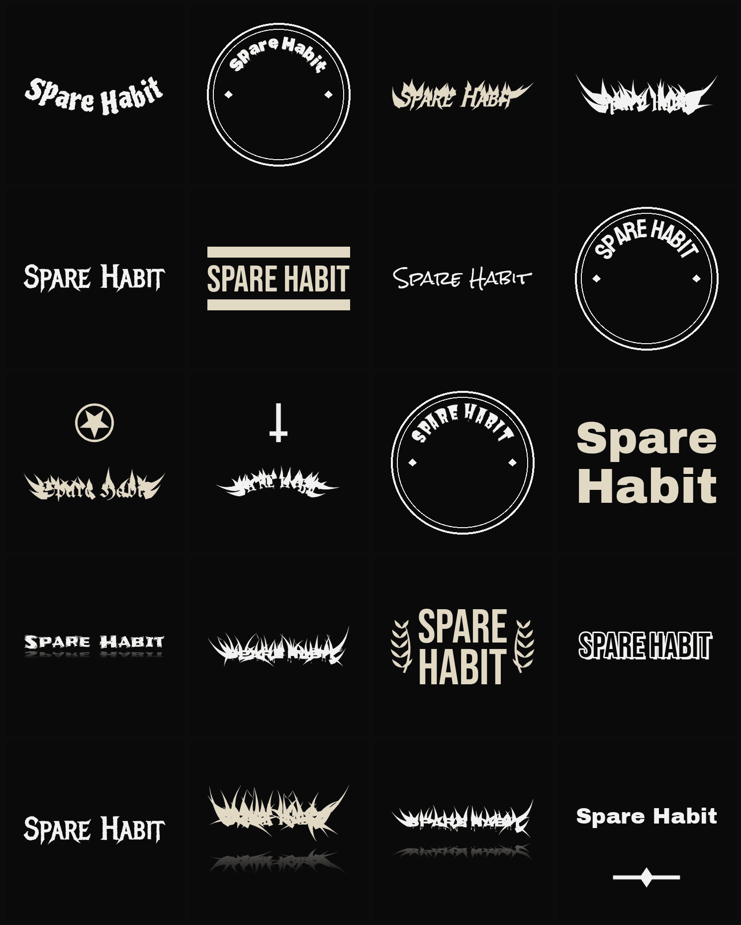 Twenty Spare Habit band logo ideas — different faces, treatments and spike settings