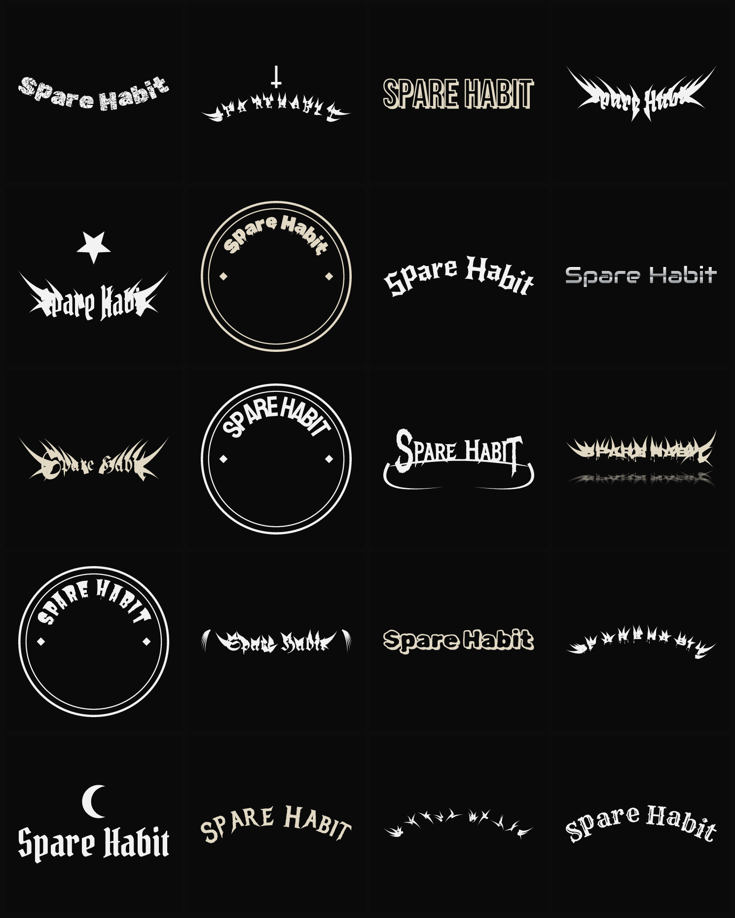 Twenty Spare Habit band logo ideas — different faces, treatments and spike settings