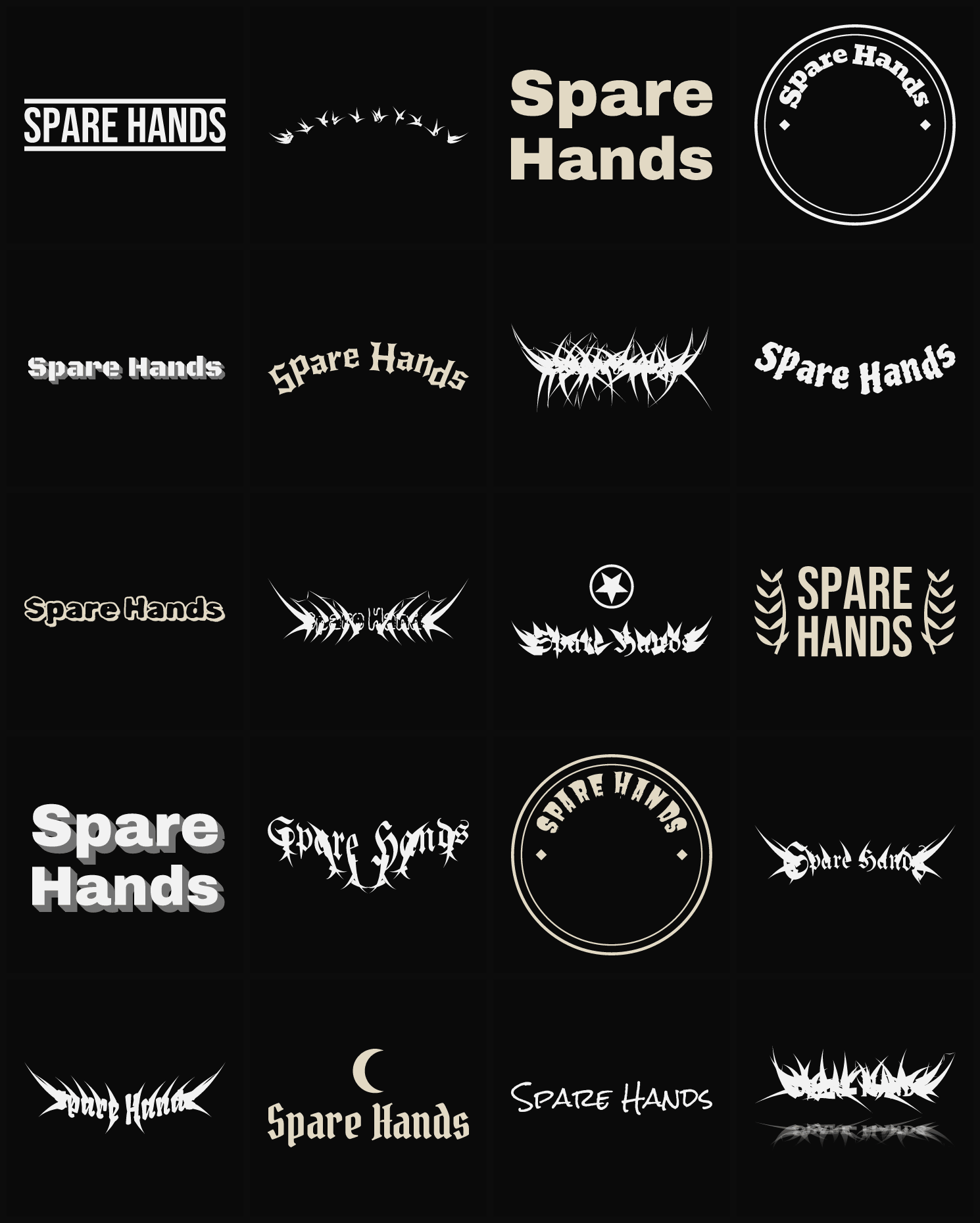 Twenty Spare Hands band logo ideas — different faces, treatments and spike settings
