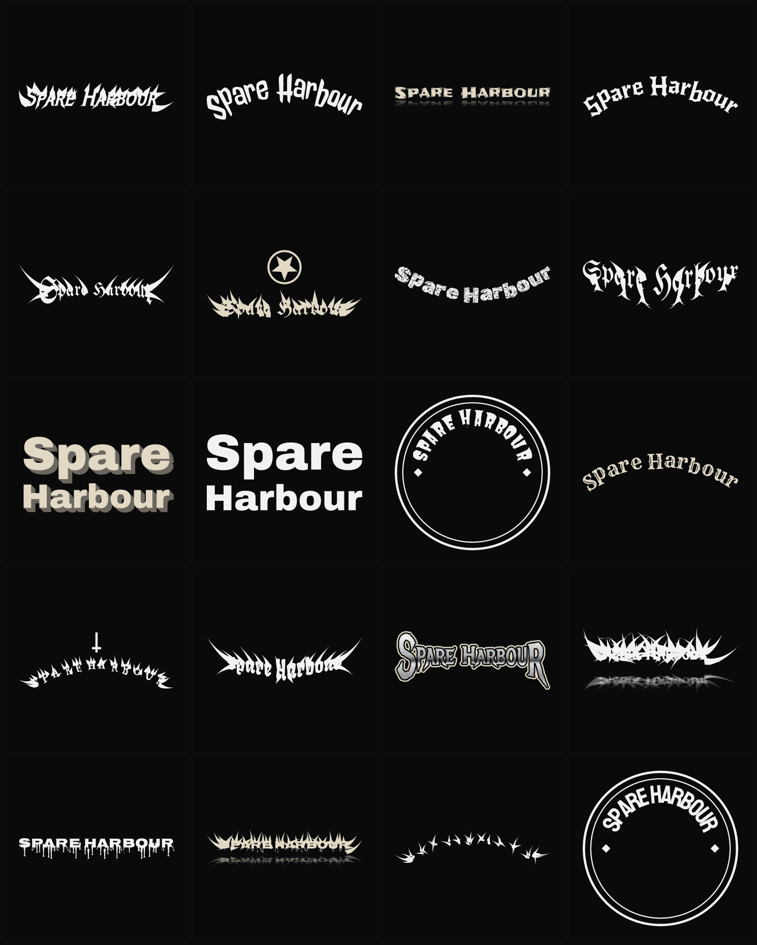 Twenty Spare Harbour band logo ideas — different faces, treatments and spike settings