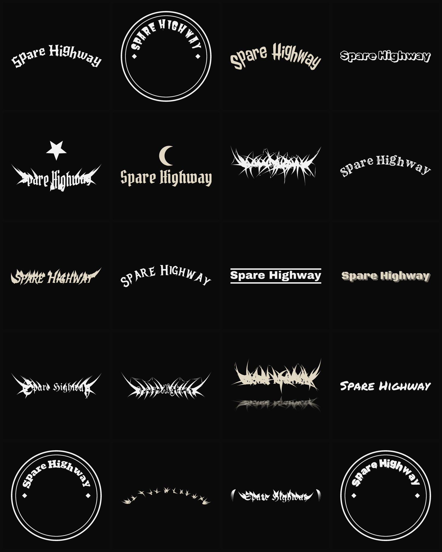 Twenty Spare Highway band logo ideas — different faces, treatments and spike settings