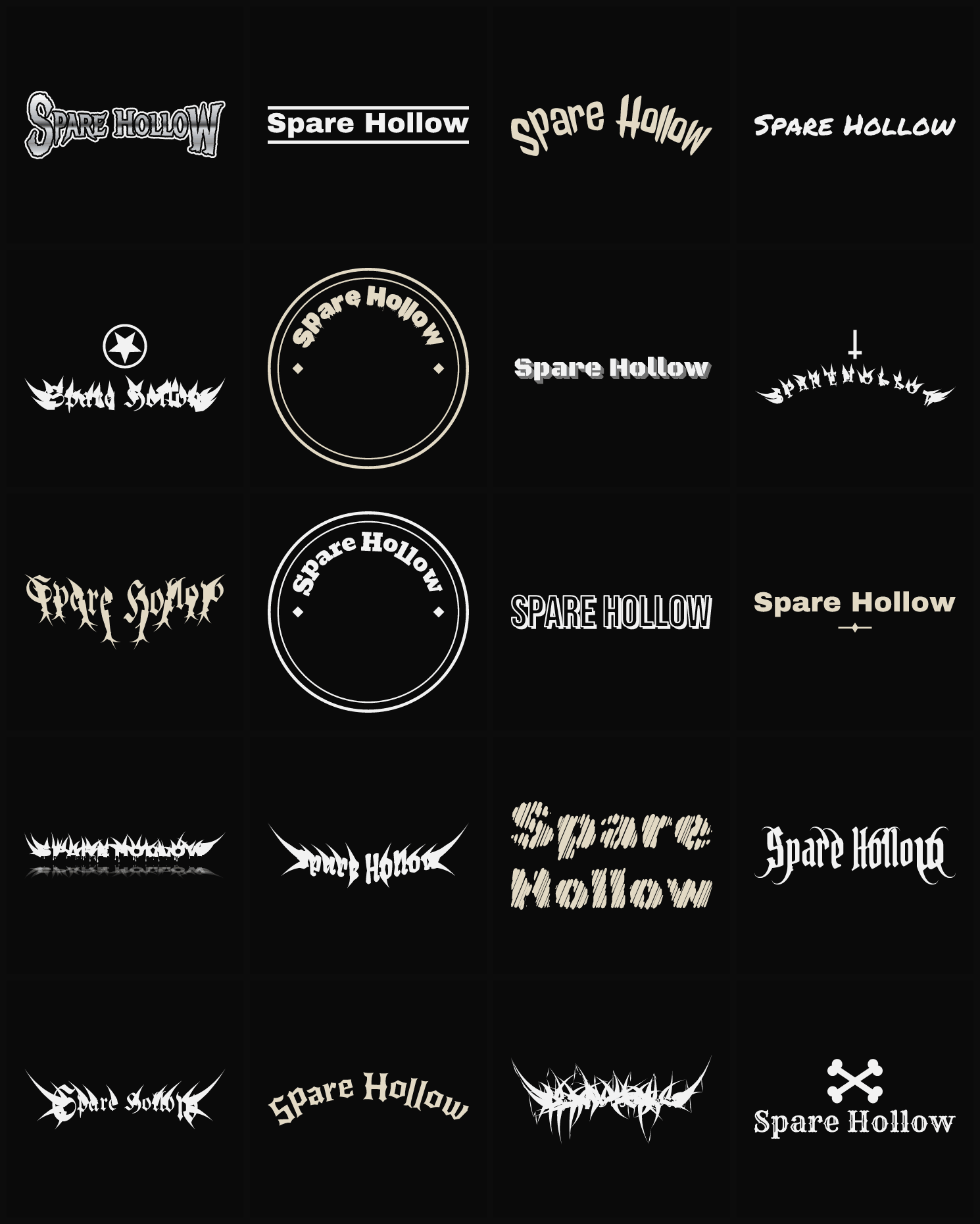 Twenty Spare Hollow band logo ideas — different faces, treatments and spike settings